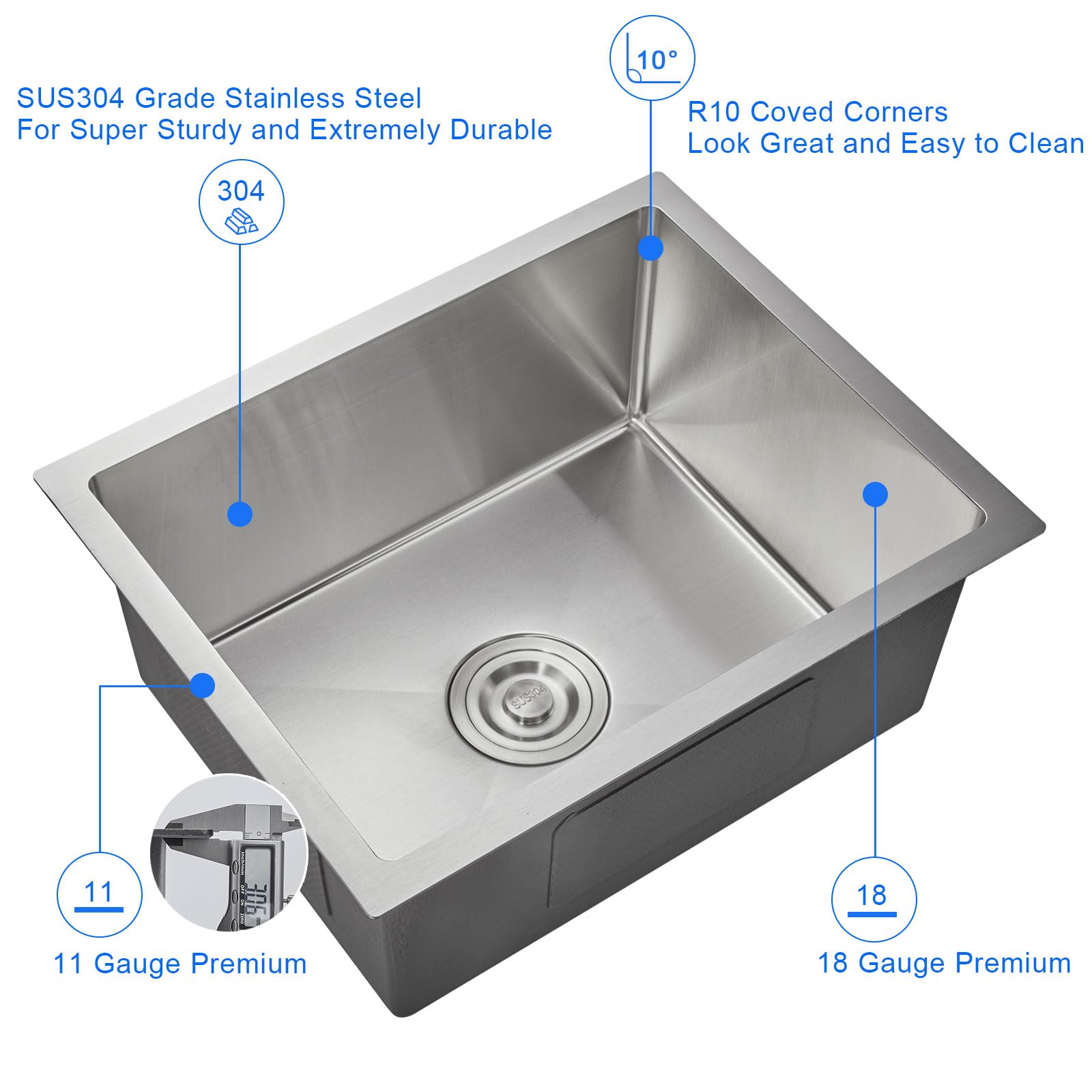 Menatt 22 Inch Undermount Kitchen Sink, 22'' X 18'' Single Bowl Kitchen Sink Undermount Stainless Steel Handmade Bar Sink With B