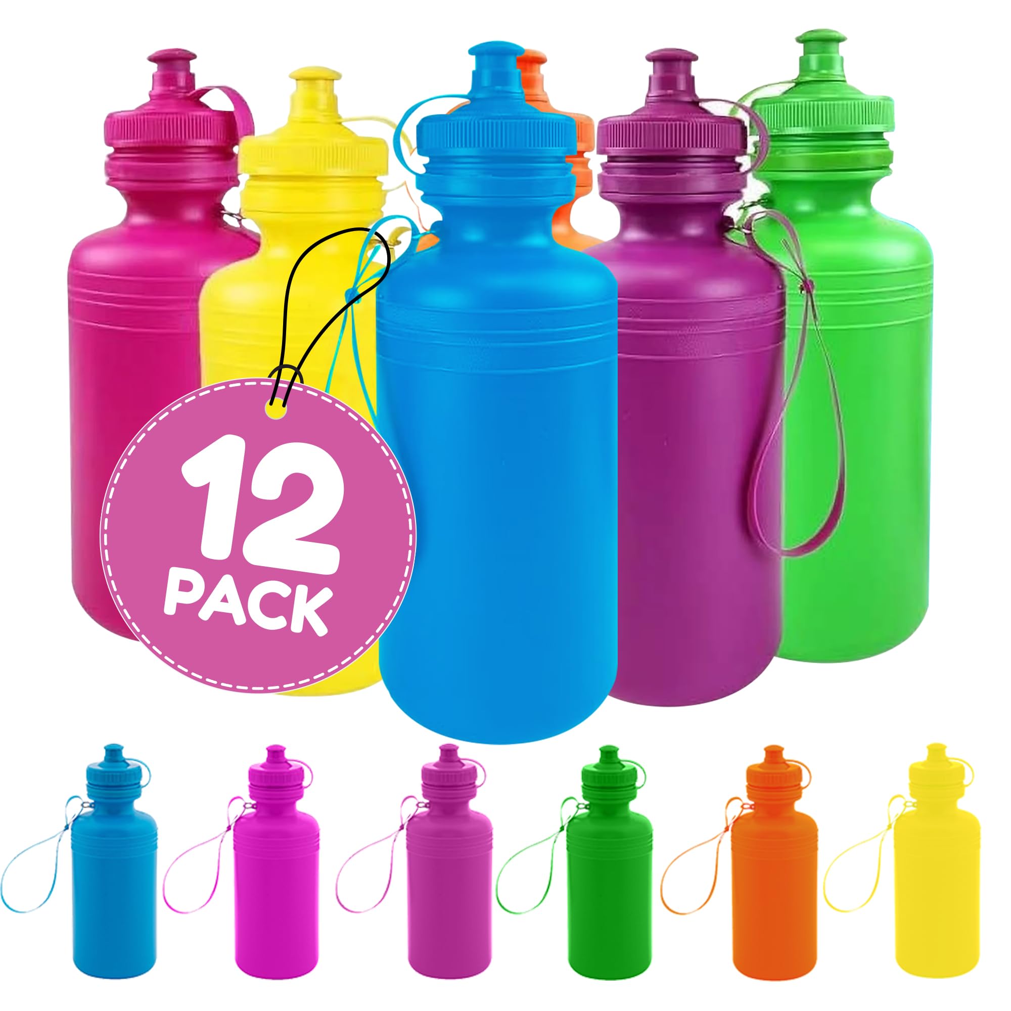 Podzly 12 Neon Bright Colors Plastic Water Bottles - Fun For Every Occasion, Party Favor, Personalized Sports Bottle - Trendy Be