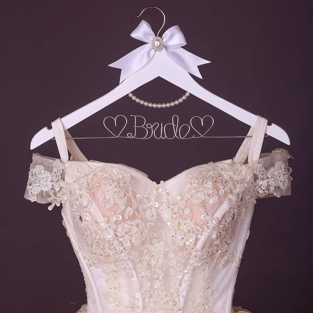 Huidian White Solid Wood Bridal Dress Hanger With Bridal Wire Lettering For Bridal Wedding Party Gift (White Hanger Silver Threa