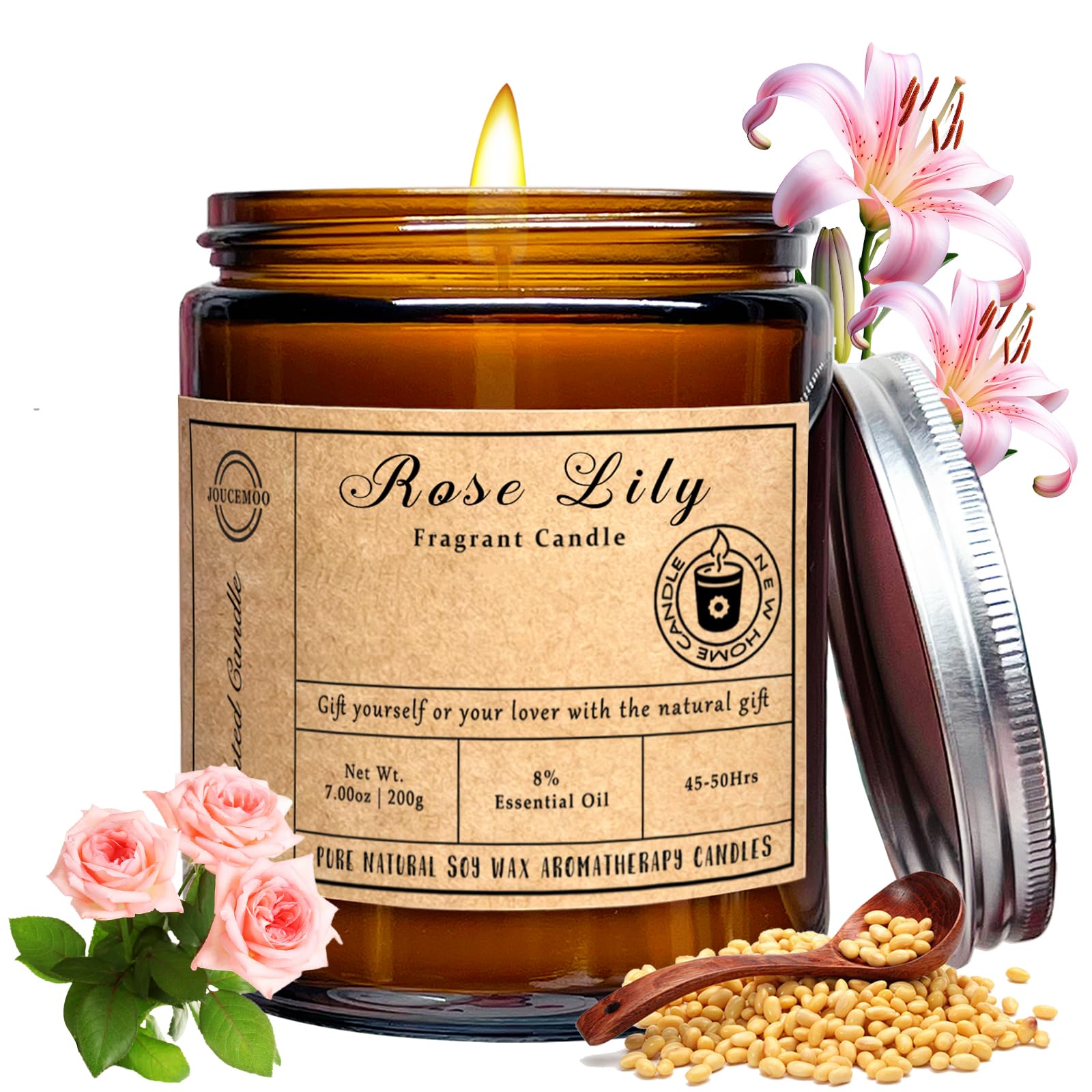 Scented Candles, 7oz Rose Lily Candles for Home Scented, Soy Wax Aromatherapy Candle for Relaxing and Stress Relief, Non Toxic, 