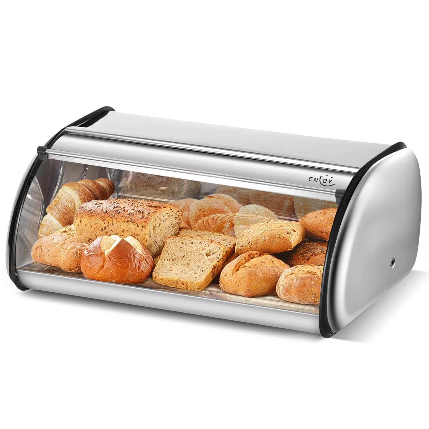 Enloy Bread Box For Kitchen Counter, Stainless Steel Roll Top Bread Bin, Sliver Bread Storage Holder With Lid, Large Capacity Br
