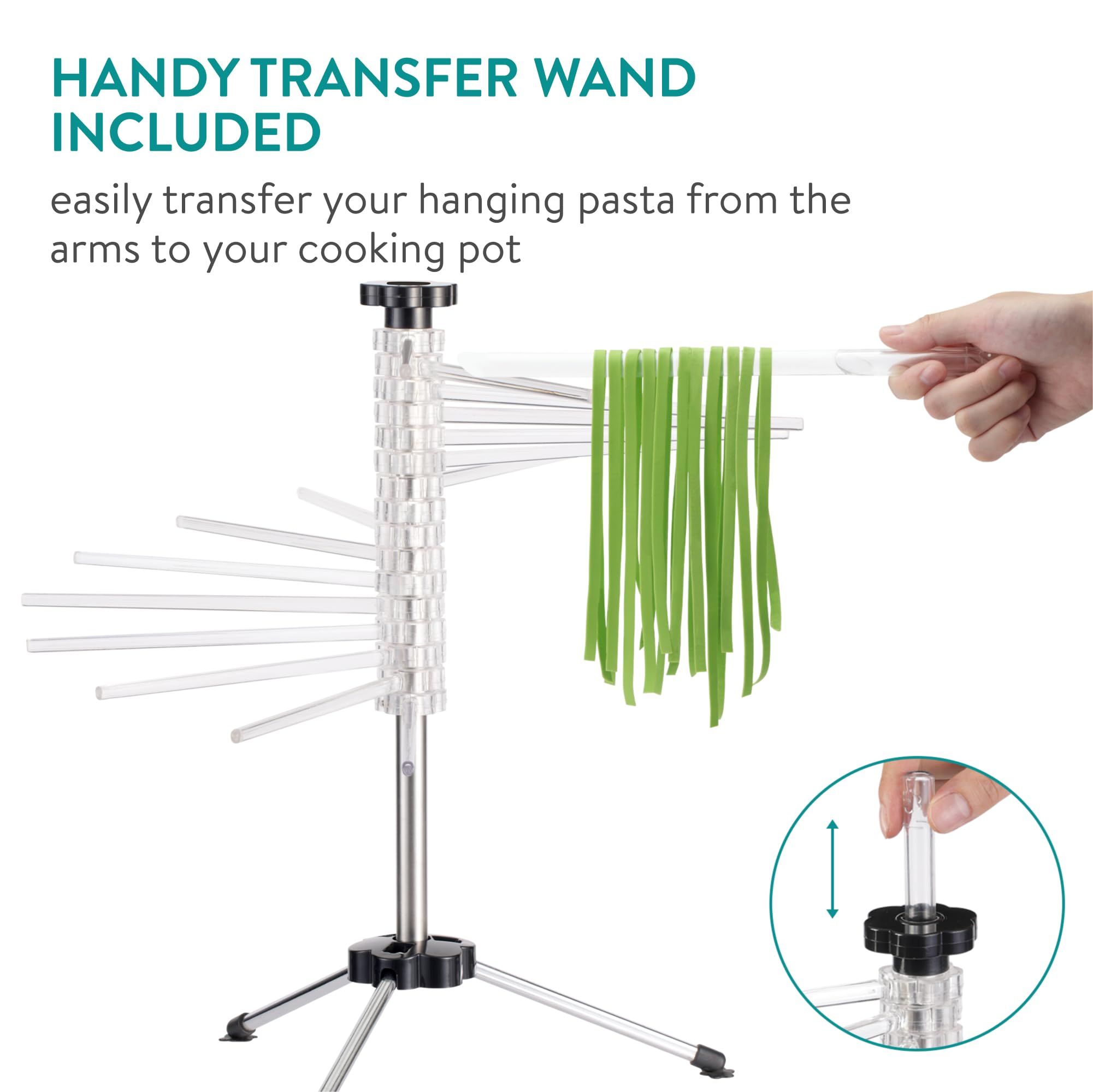 Navaris Collapsible Pasta Drying Rack - Tall Compact Spaghetti Noodle Stand with 16 Plastic Rods - Fresh Pasta Making Accessories - up to 2 kg (4.5 lbs) - Clear