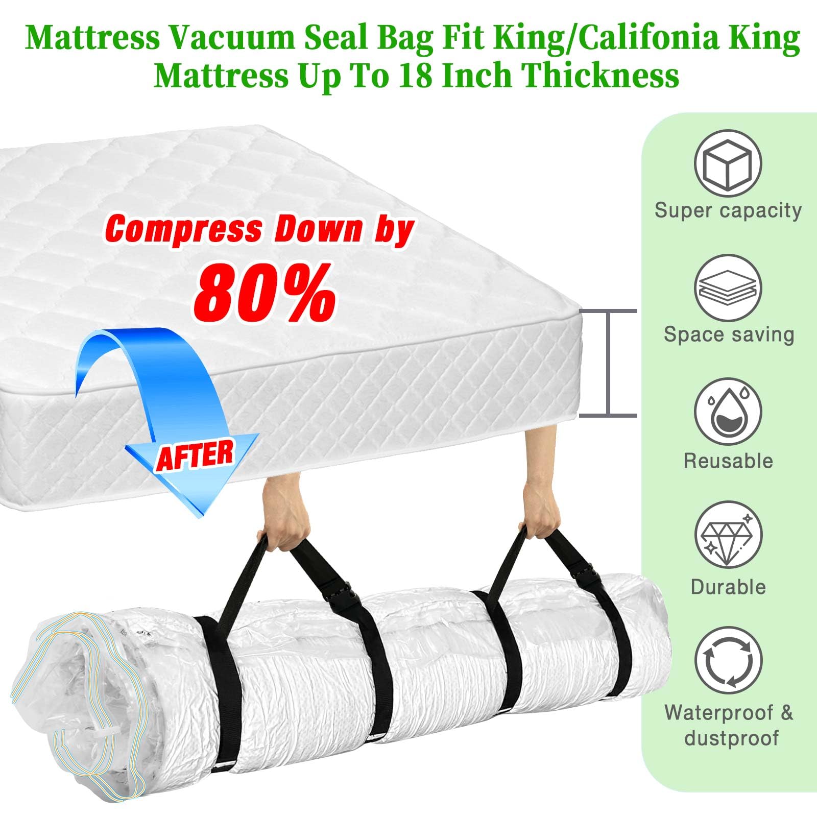Westale Mattress Vacuum Bag King/California King New Upgraded Straps For Moving Leakproof Double Zip Seal Mattress Compression V