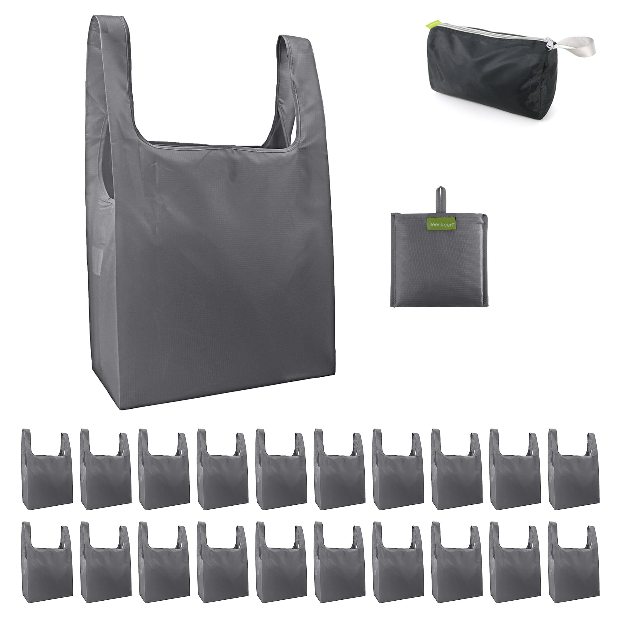 BeeGreen Grey Reusable Shopping Bags Wholesale Gray Reusable Grocery Bags Bulk Foldable-Machine Washable with Zipper Storage Pou
