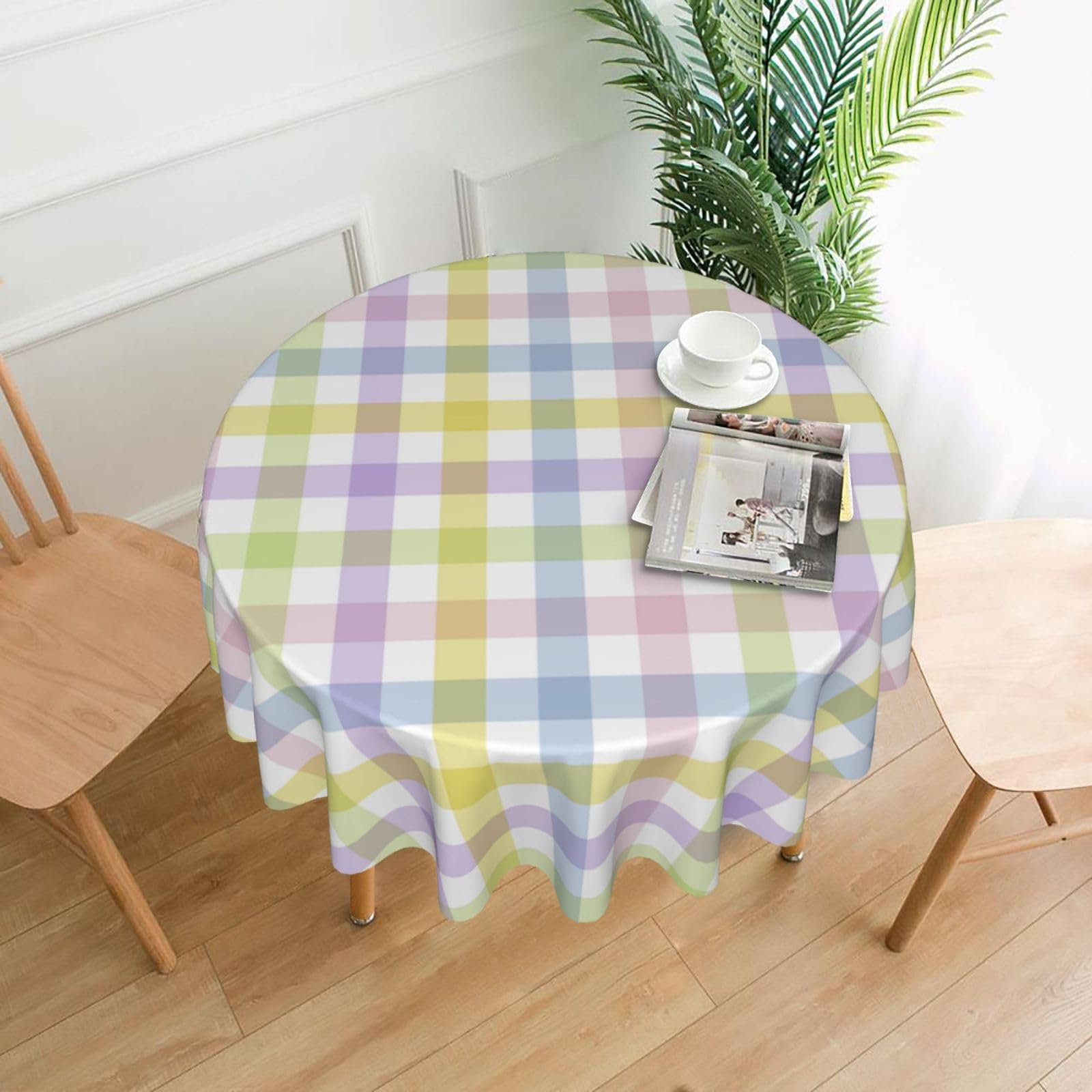 BETGINY Easter Checkered Tablecloth 60 Inch Round Colorful Plaid Table Cloth Washable Wrinkle Resistant Rainbow Spring Table Cov