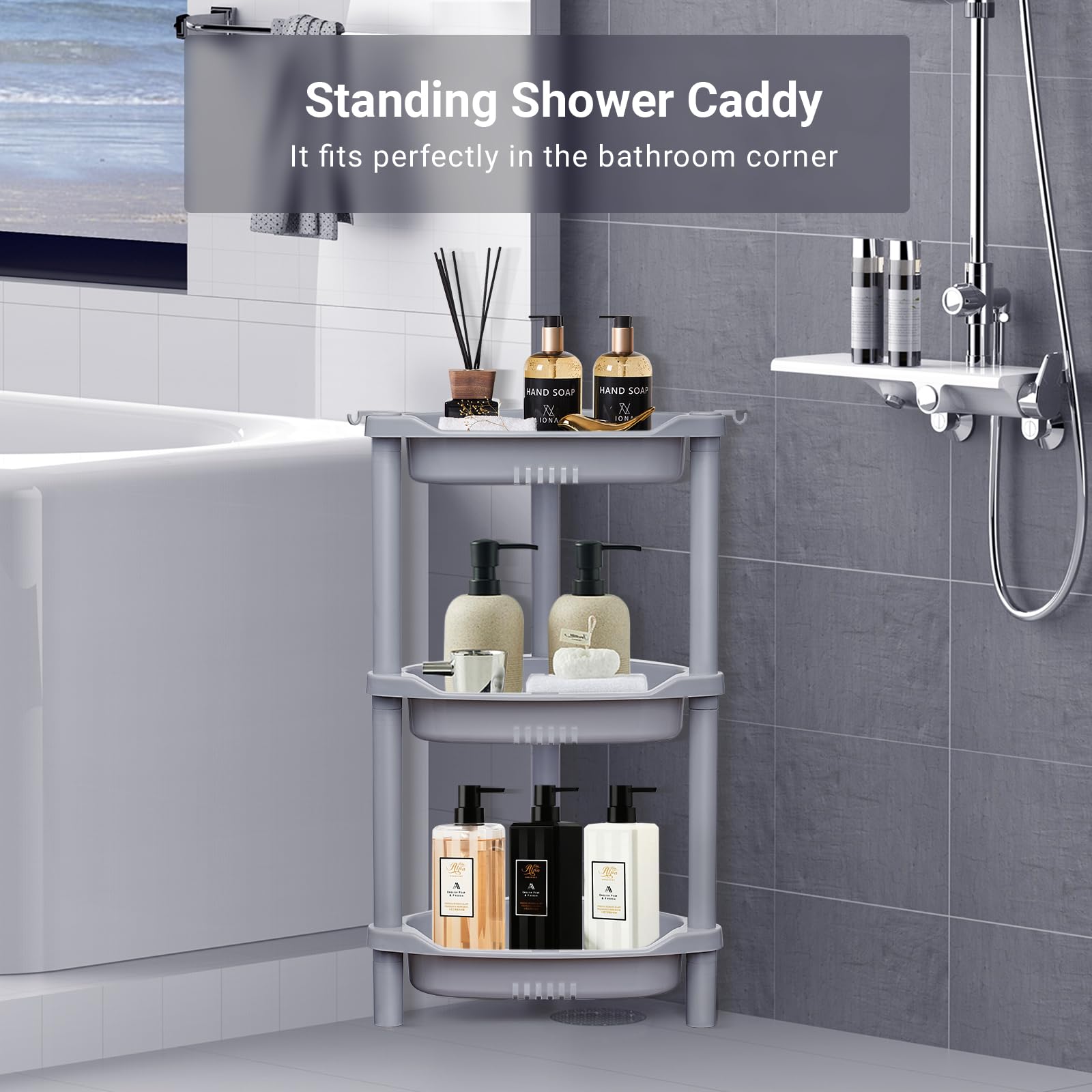 Elyken 3 Tier Shower Caddy Organizer Shelf Corner, 14.4 X 11.2 X 22.4 Inches, Rustproof, Plastic Shower Rack Stands For Inside B