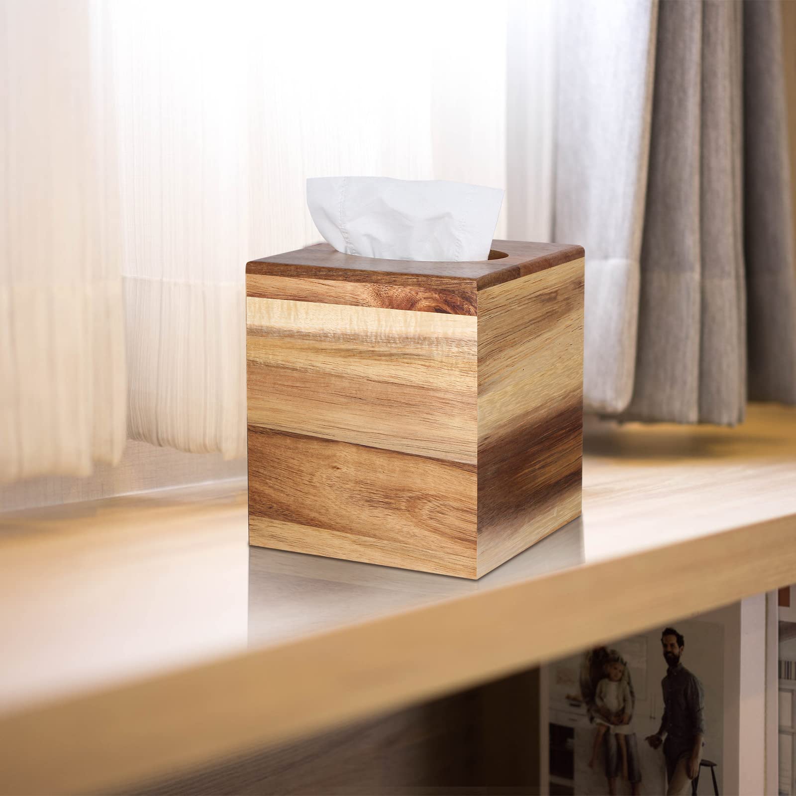 Reviaras Tissue Box Cover, Acacia Wood Tissue Box Cover With Slide-Out Bottom, Tissue Box Cover Square For Bathroom, Bedroom, Di