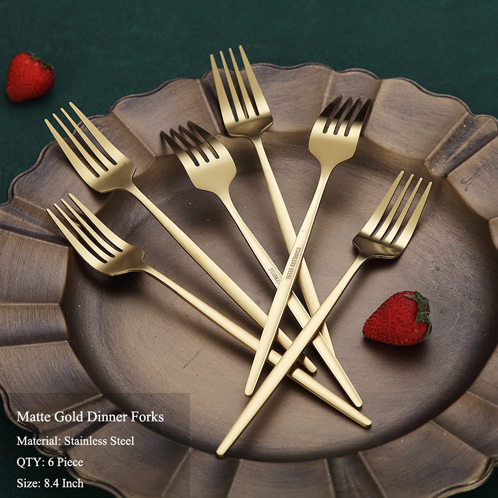 Matt Gold Dinner Forks 6 Piece, Stainless Steel 8.4'' Forks Silverware Set, Dessert Forks, Table Forks, Salad Forks For Home, Ki