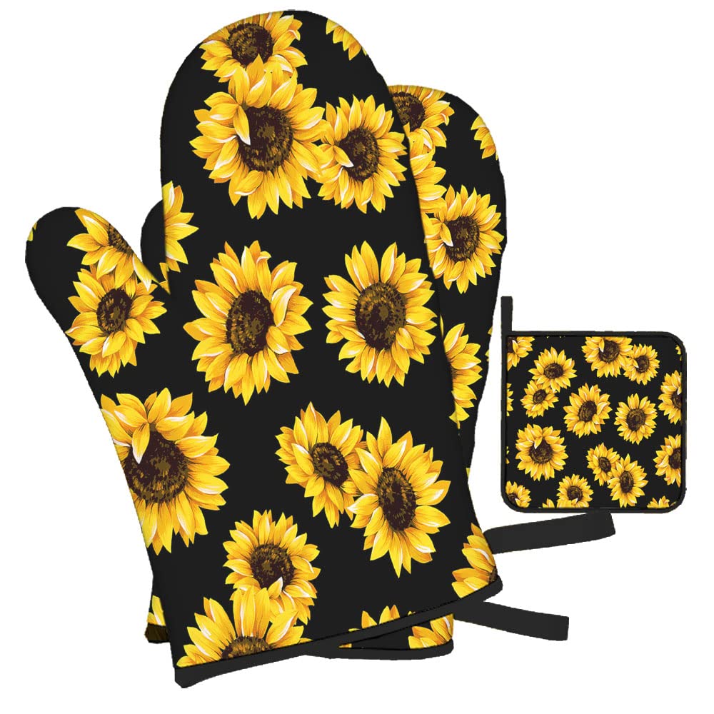 Mxocom Sunflowers Oven Mitts And Pot Holders Sets Of 3 Bbq Gloves For Kitchen,Cooking,Baking,Grilling Resistant Hot Pads For Wom