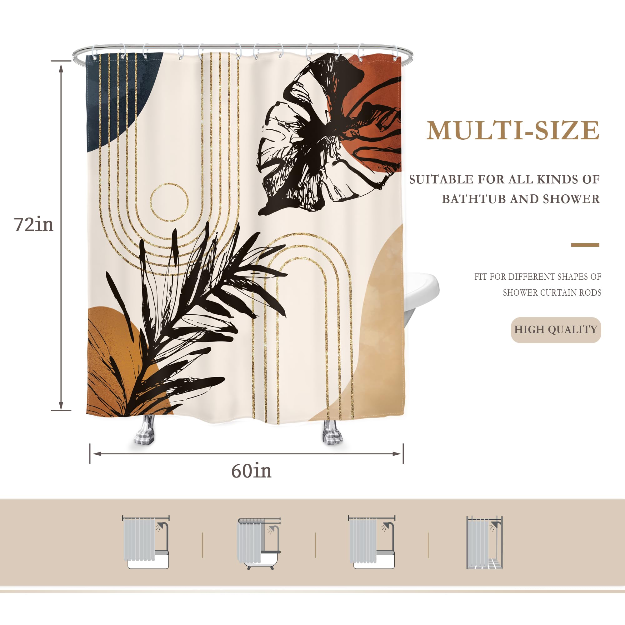 Glawry Abstract Tropical Shower Curtain Boho Watercolor Red Brown Palm Leaf Plant Botanical Bathroom Minimalist Bohemian Leaves