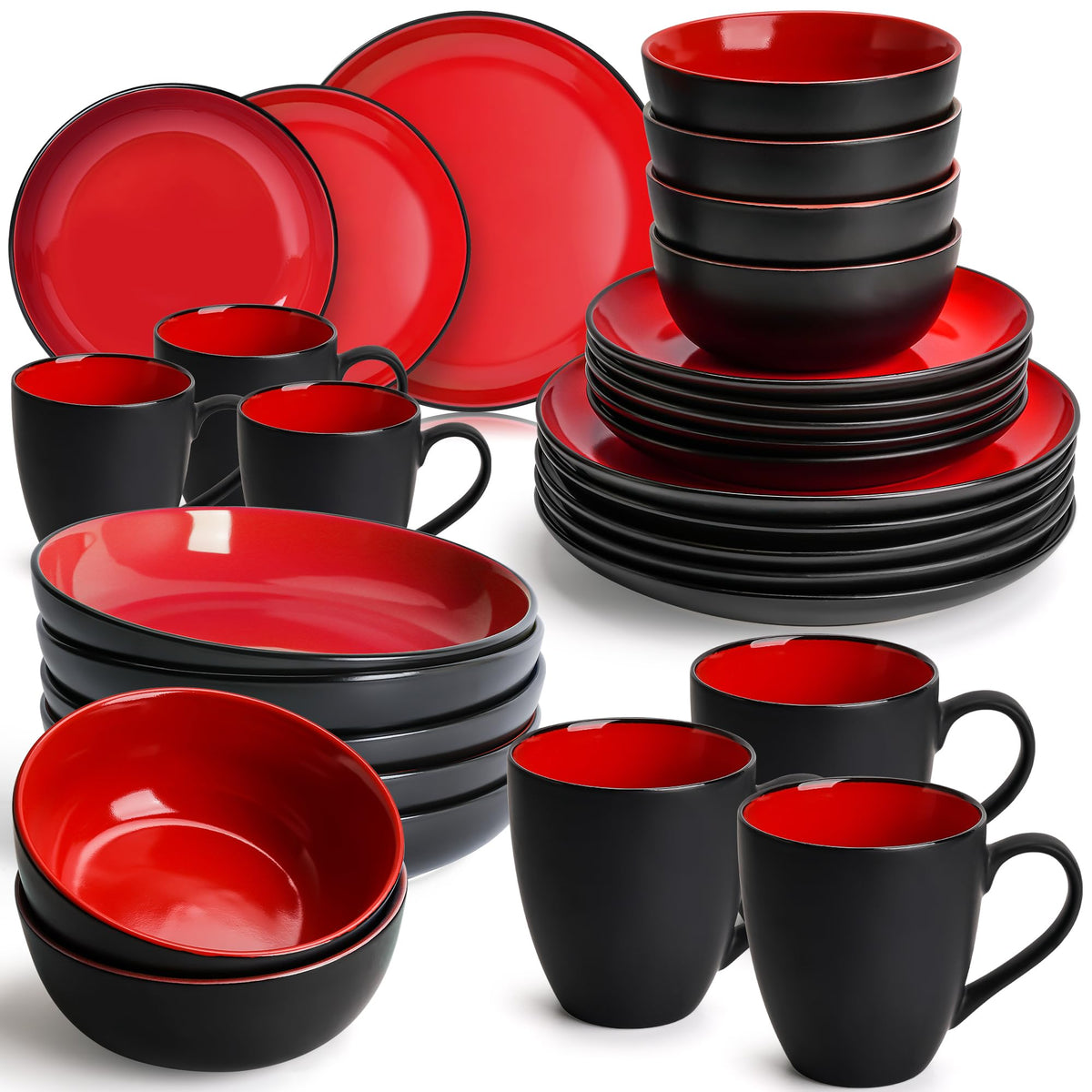 MIAMIO - Service for 6 Dishware Set/Stoneware Dinnerware Set - Including Plates, Bowls and Mugs - Microwave & Dishwasher Safe -