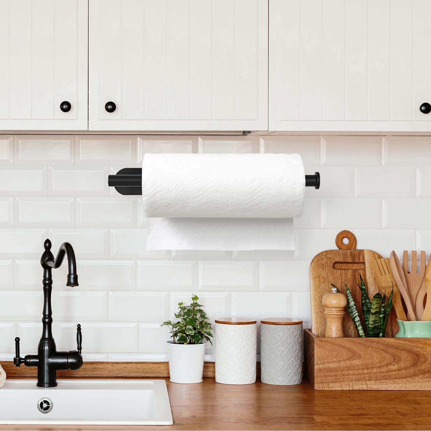 Paper Towel Holder Under Cabinet - Self Adhesive Paper Towel Roll Holder Wall Mount  Matte Black Stainless Steel Towel Paper Holder for Kitchen  Bathroom  Cabinets (2 Pcs)