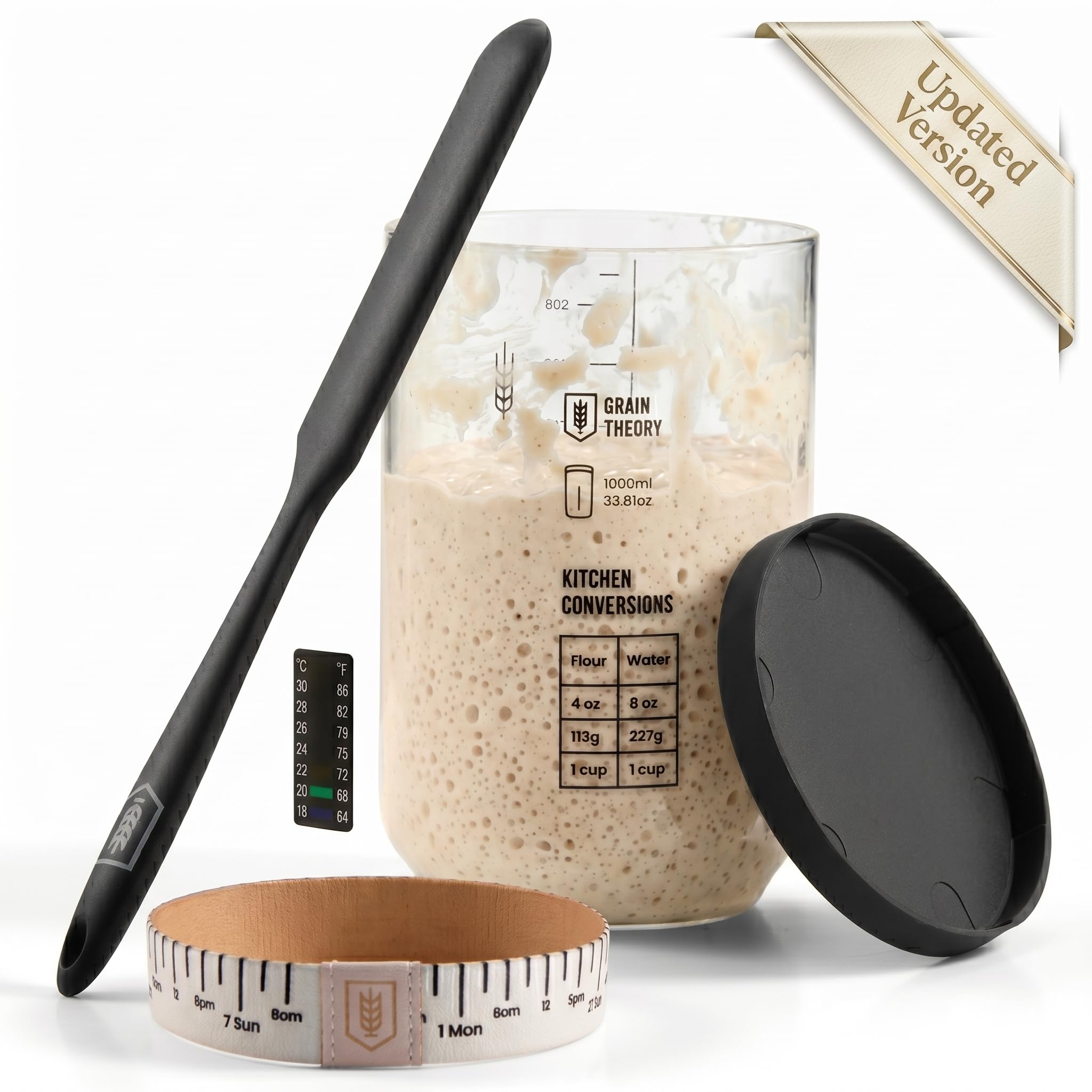 KooK Sourdough Starter Kit, with Glass Levain Jar, Date Marked Feeding Band, Thermometer, Silicone Spatula Scraper, Cover and Gu