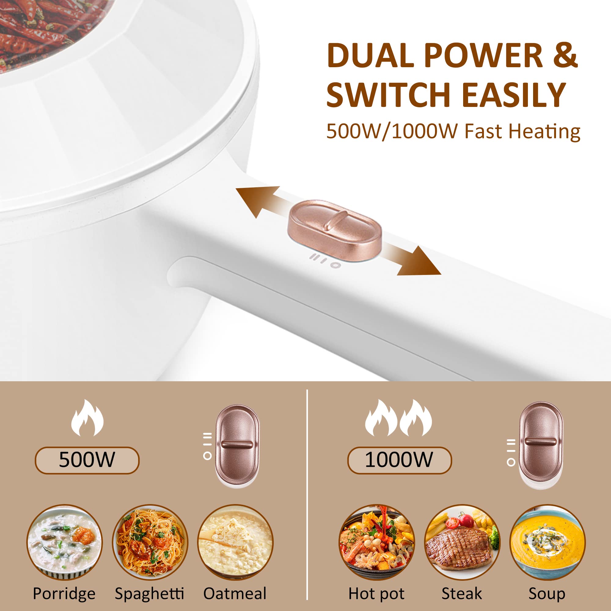 Bear Hot Pot Electric  2L Multifunctional Portable Pot for Cooking  1000W Rapid Noodles Electric Pot  Non-Stick Frying Pans for Steak  Egg  Ramen  Oatmeal with Dual Power Adjustment
