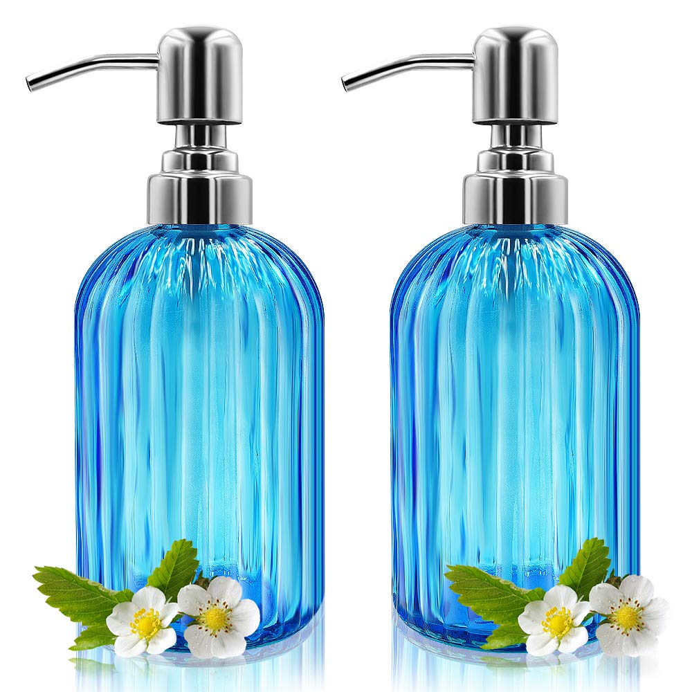 Soap Dispenser - 2 Pack 14 Oz Glass Soap Dispenser With Rust Proof Stainless Steel Pump, Refillable Liquid Bottle Dispenser, Pre