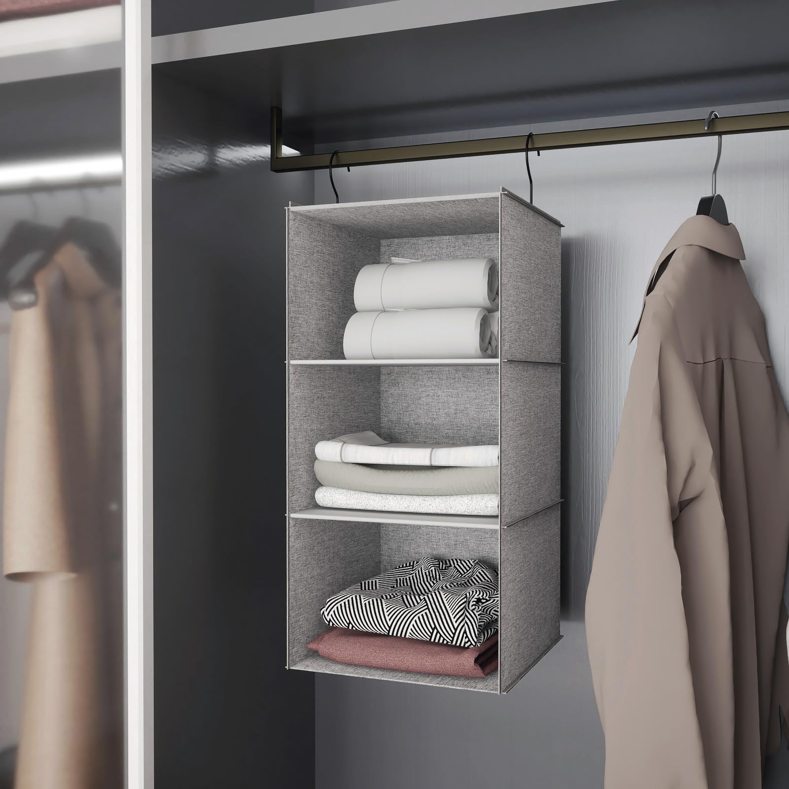 Donyeco Hanging Closet Organizer, Easy Mount Collapsible 3-Shelf Camper Closet Wardrobe Hanging Storage Shelves, Folded Clothes