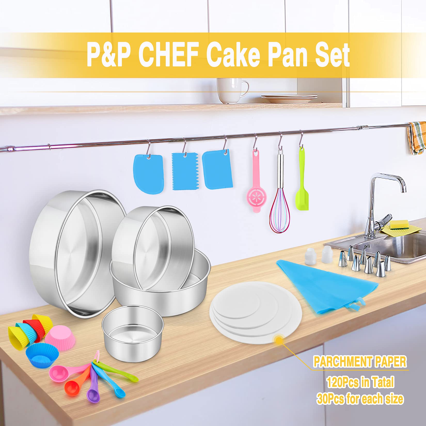 153Pcs Cake Baking Pan Set Decorating Supplies Kit, P&P Chef Stainless Steel 4/6/8/9.5 Inch Cake Pans With Icing Tips Tools, Par