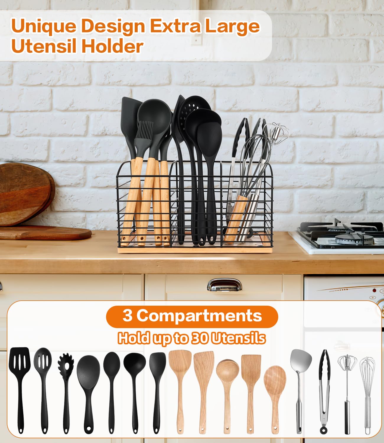 Primzooty Large Utensil Holder For Kitchen Counter - 11.8''X 6.7''X 4.7'', 3 Compartments Aesthetic Design, Kitchen Utensil Hold