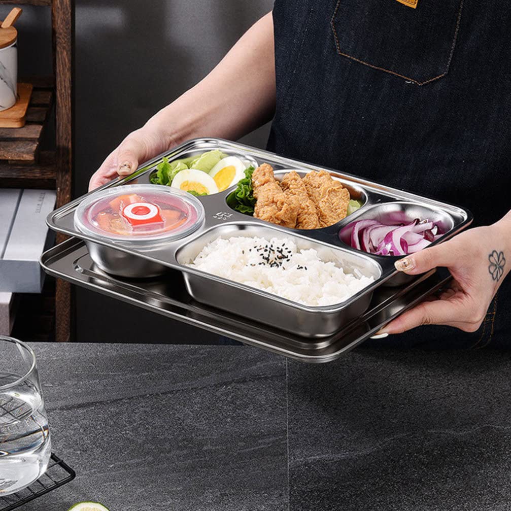 Ganazono Food Tray 2 Sets Stainless Steel Rectangular Divided Plates Tray With Lid For Adults Divided Dinner Tray 5 Sections Ben