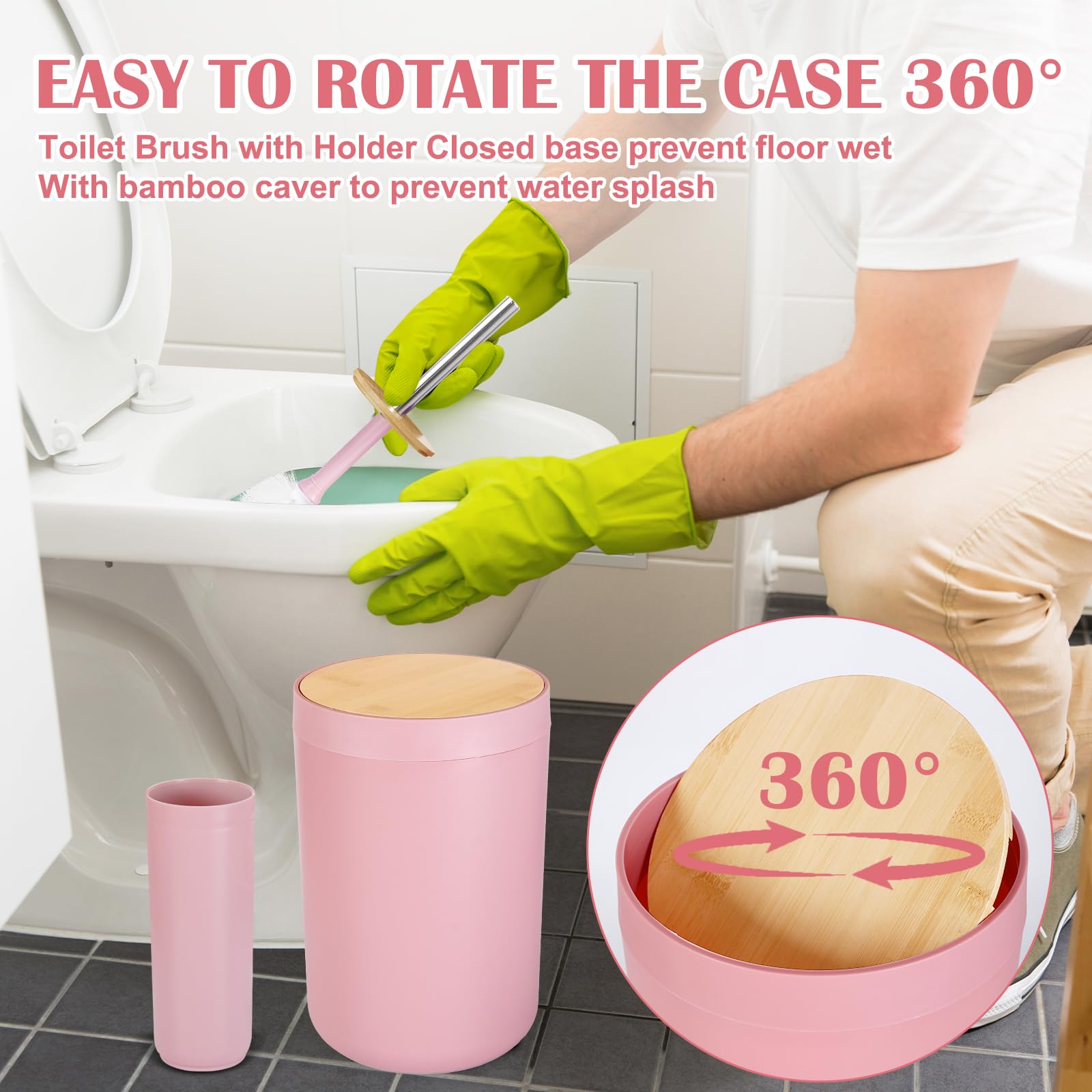 Imucci 9Pcs Pink Bathroom Accessories Set - With Trash Can,Toilet Brush,Toothbrush Holder, Lotion Soap Dispenser, Soap Dish,Toot