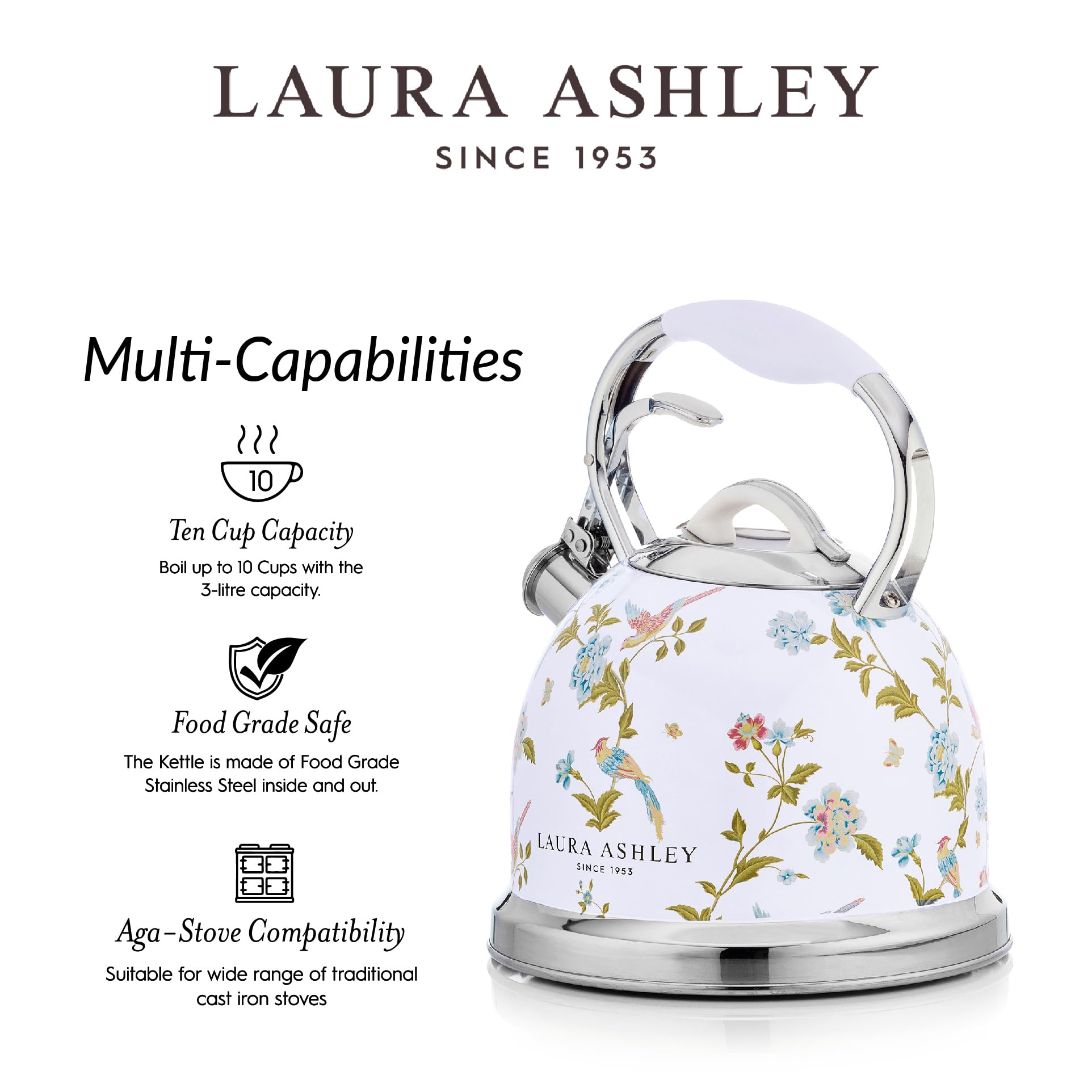 Vq Laura Ashley Elveden White 3L Stainless Steel Tea Kettle Stovetop Whistling Teapot For Induction, Gas Hob Or Others. Silicon