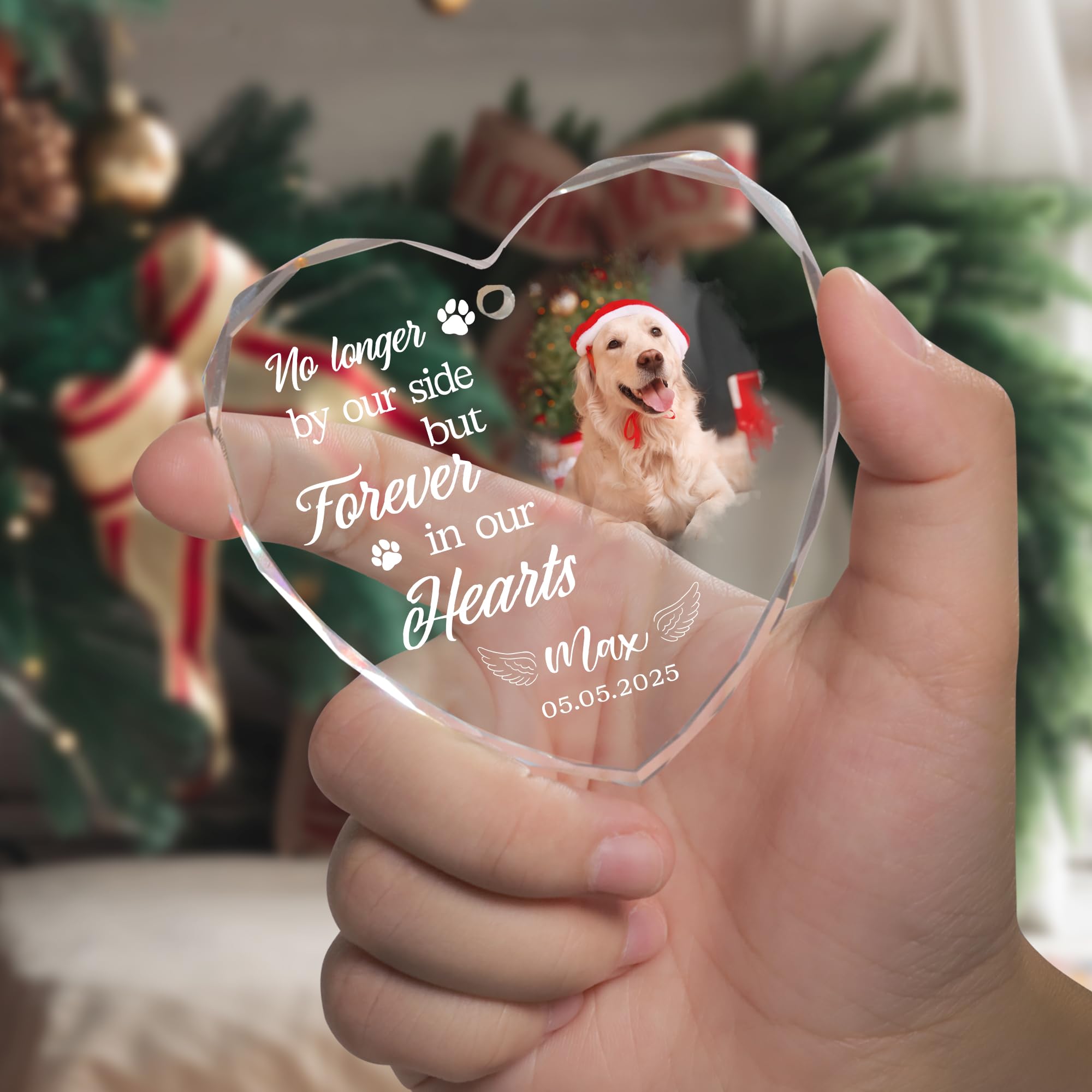 Custom Dog Photo Ornament 2025 - Dog Loss, Pet Sympathy, Remembrance Keepsake - No Longer by Our Side Glass Ornament for Christm