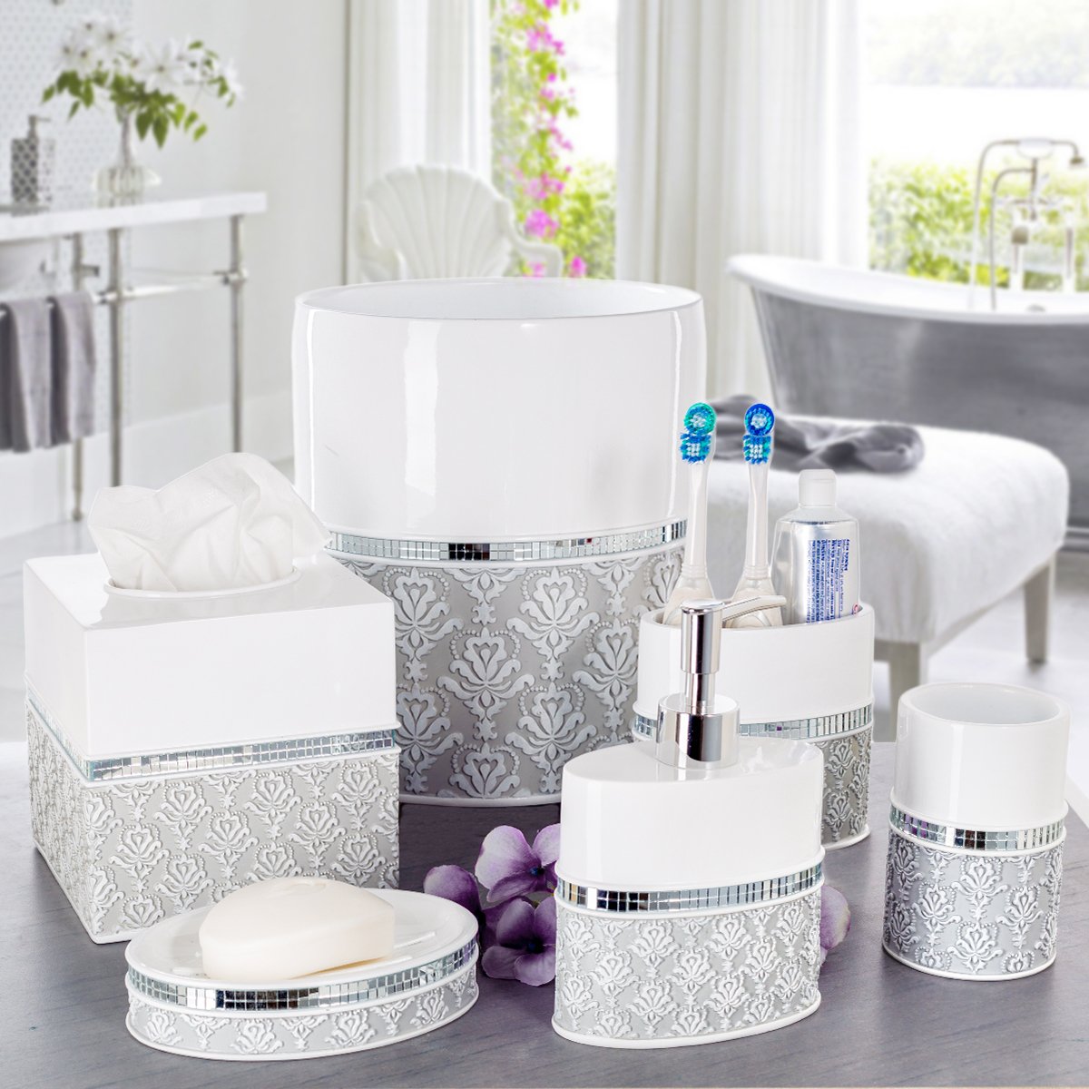 Creative Scents White And Gray Bathroom Accessories Set - 6 Piece Bathroom Accessory Set Includes: Trash Can, Tissue Box Cover,