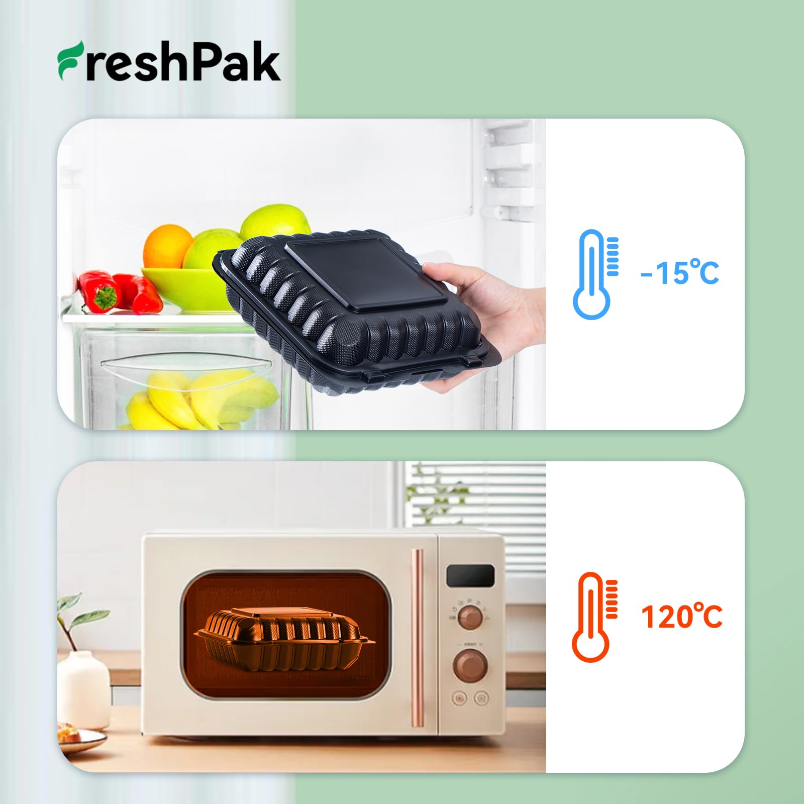 Freshpak To Go Containers, 34 Oz Plastic Black Clamshell Food Containers For Lunch 55 Pack Reusable Bpa-Free Heavy-Duty Mfpp Dis
