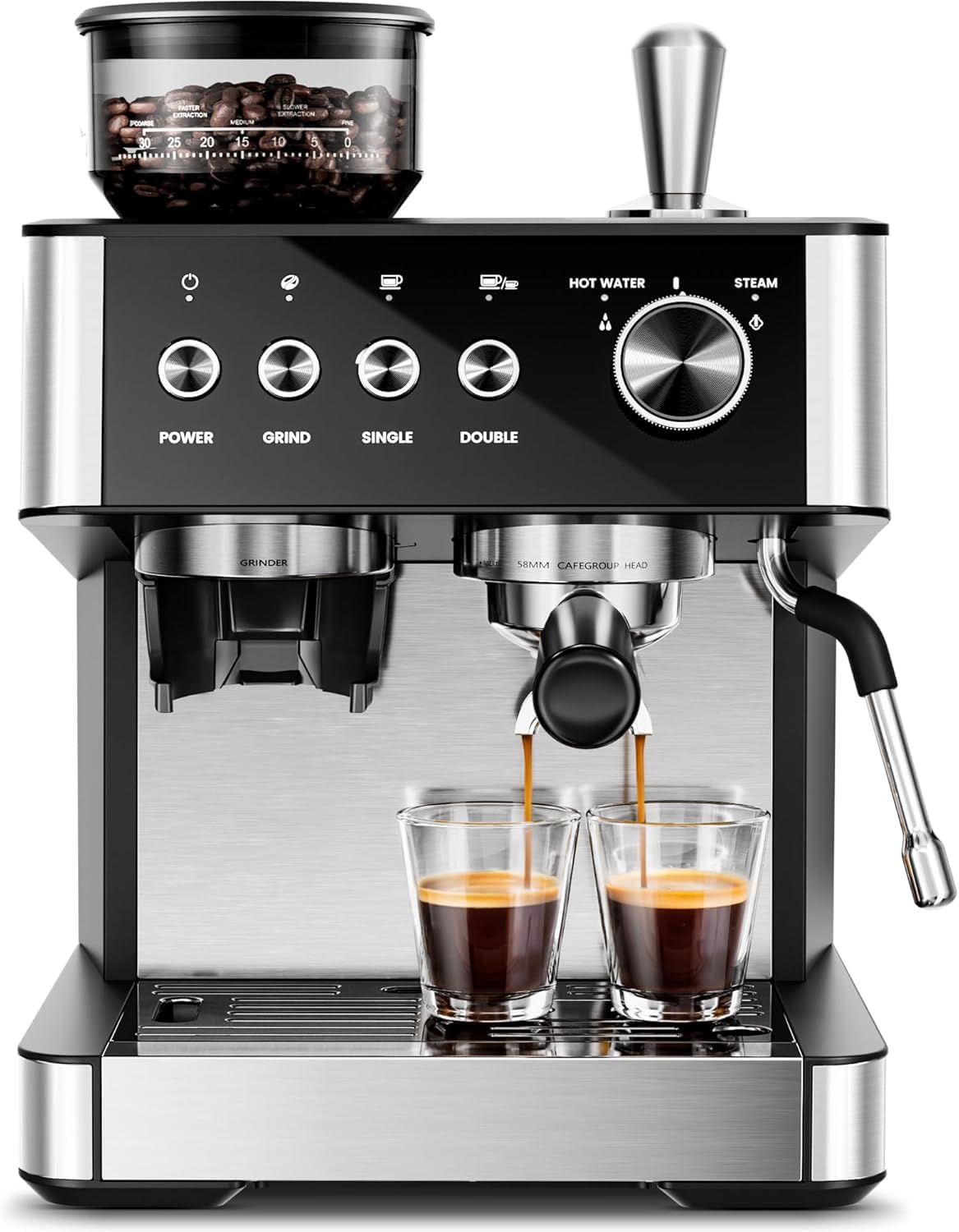 Kismile 15 Bar Espresso Machines with Grinder, Professional Espresso Maker with Removable Water Tank, Milk Frother Steam Wand fo
