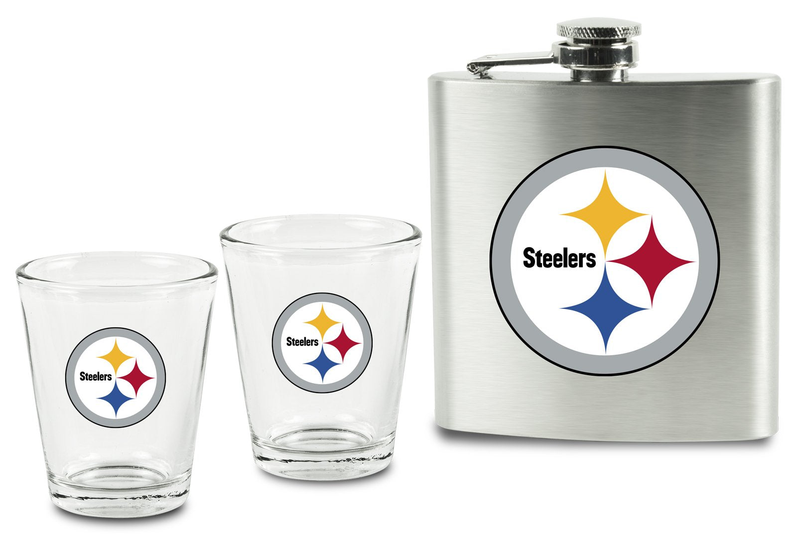 NFL Pittsburgh Steelers Shot Glasses and Brushed Stainless Steel Flask Set