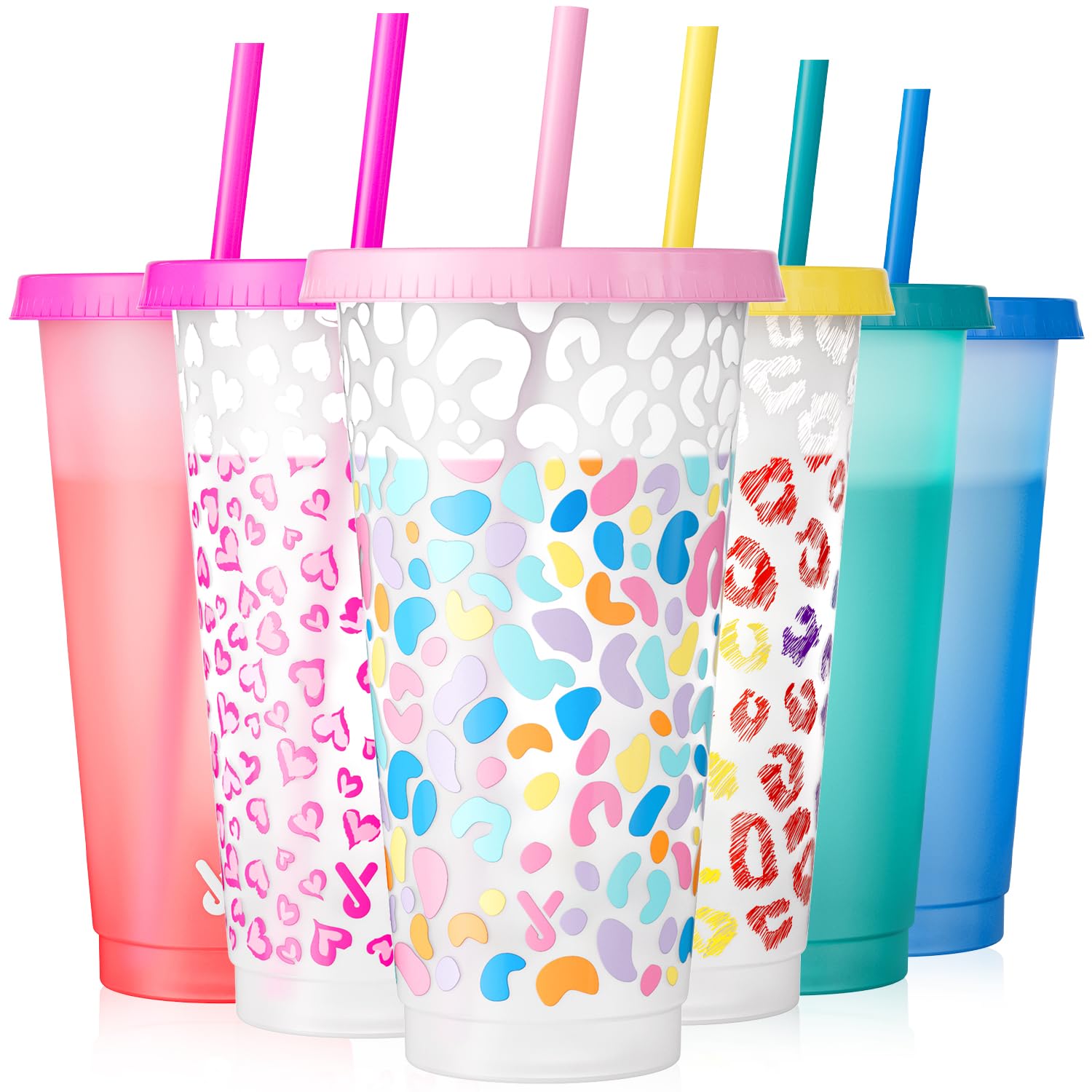 Meoky Plastic Cups with Lids and Straws  6 Pack 24 oz Color Changing Cups, Iced Coffee Cups, Reusable Tumblers Bulk for Party, 