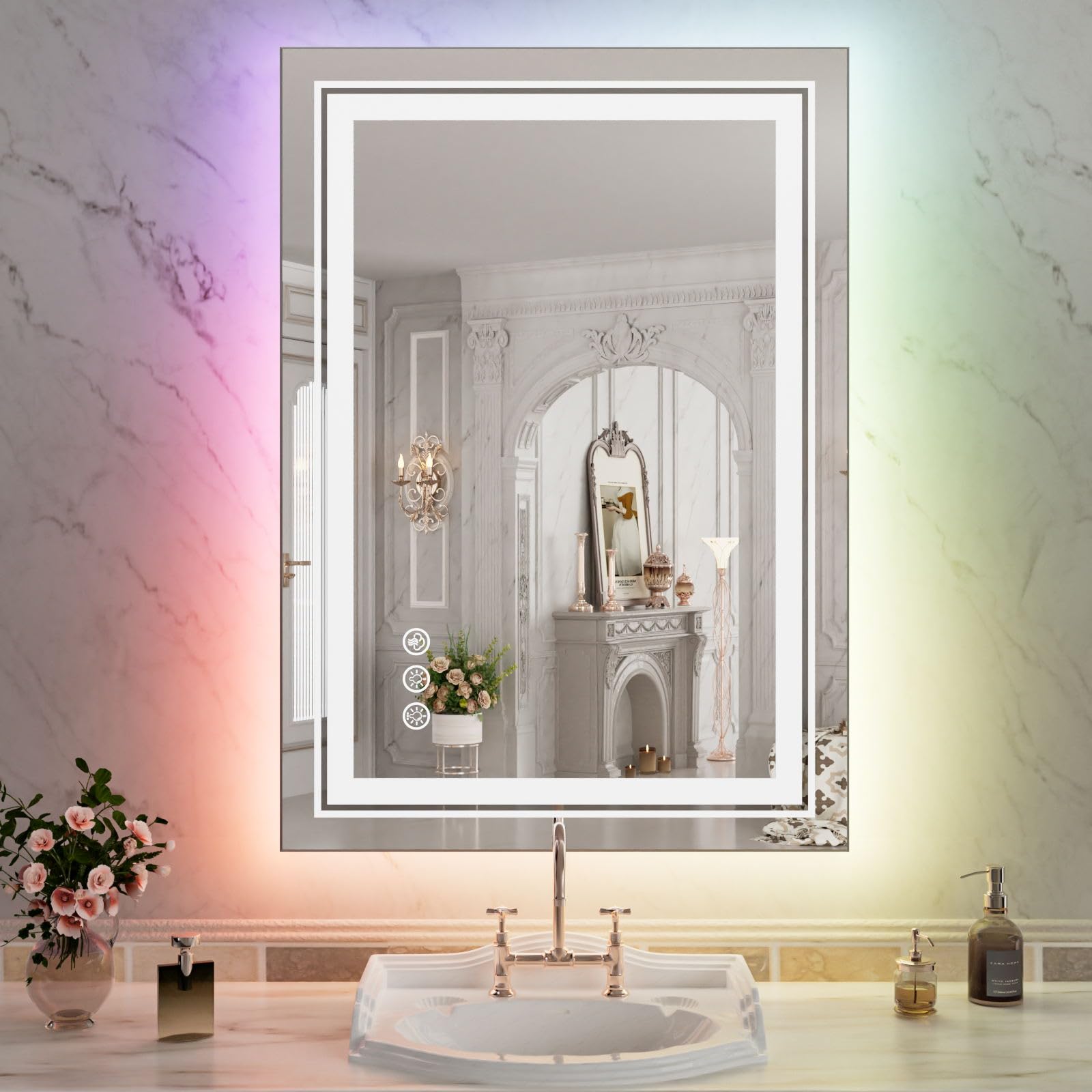 Wtty Led Bathroom Mirror 20''X28'' With Rgb Backlit And 3 Front Light,Stepless Dimmable Led Mirror For Bathroom,Lighted Bathroom