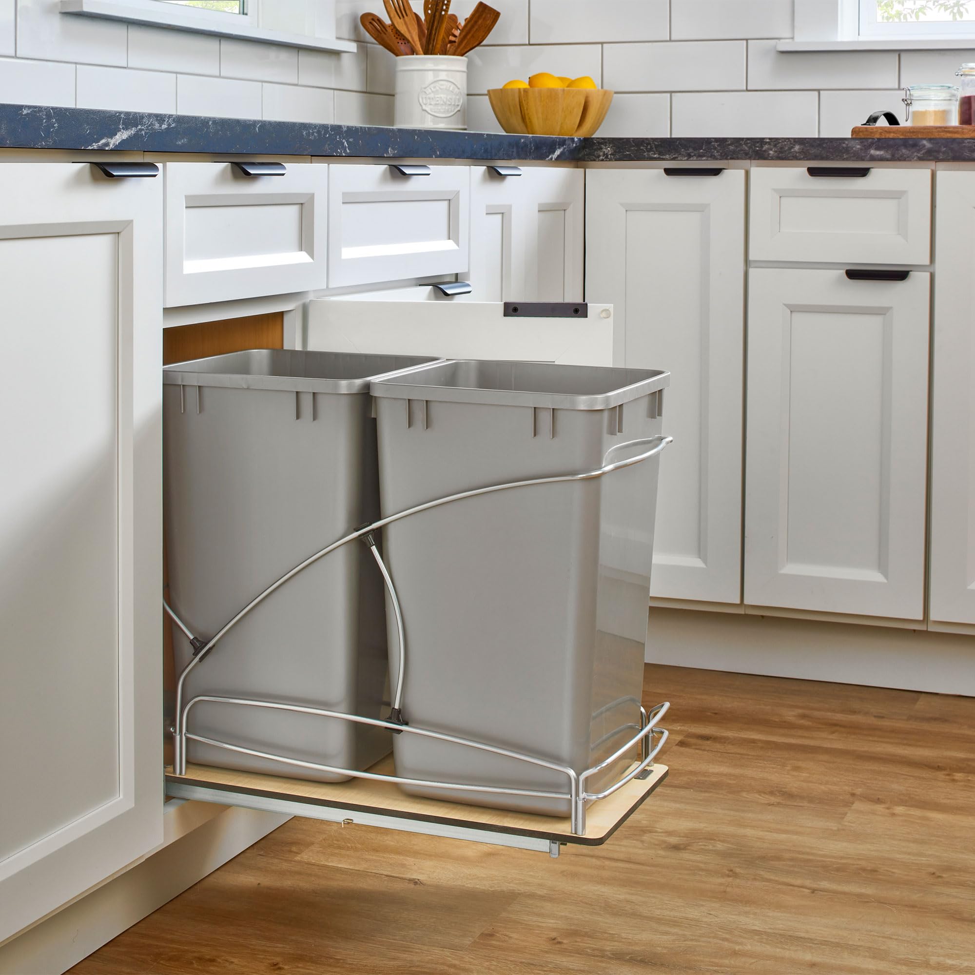 Rev-A-Shelf Steel Bottom Mount Double 27 Quart 6.75 Gallon Waste Bin Trash Container For Under Kitchen Cabinet With Soft Close,