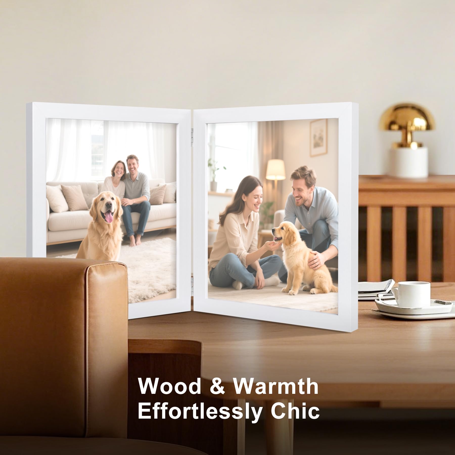 8x10 Double Picture Frame Wooden Hinged Photo Frame Definition Glass Stand Vertically on Desktop or Tabletop White