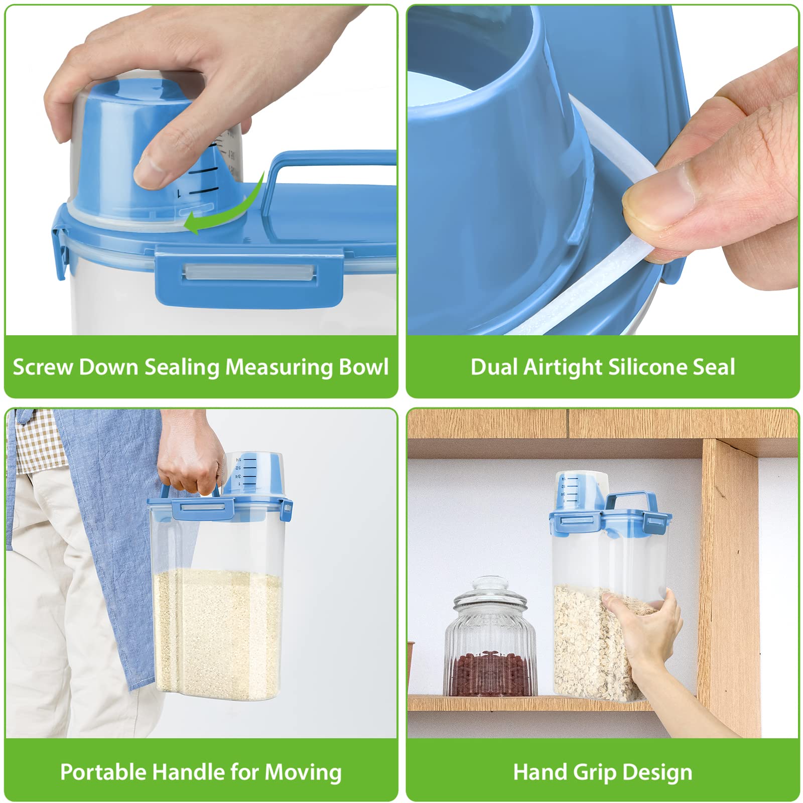 Viretec Rice Airtight Storage Container, 3 To 5Lbs Cereal Dry Food Flour Bin, Pet Dog Cat Food Dispenser With Measuring Cup, Bpa