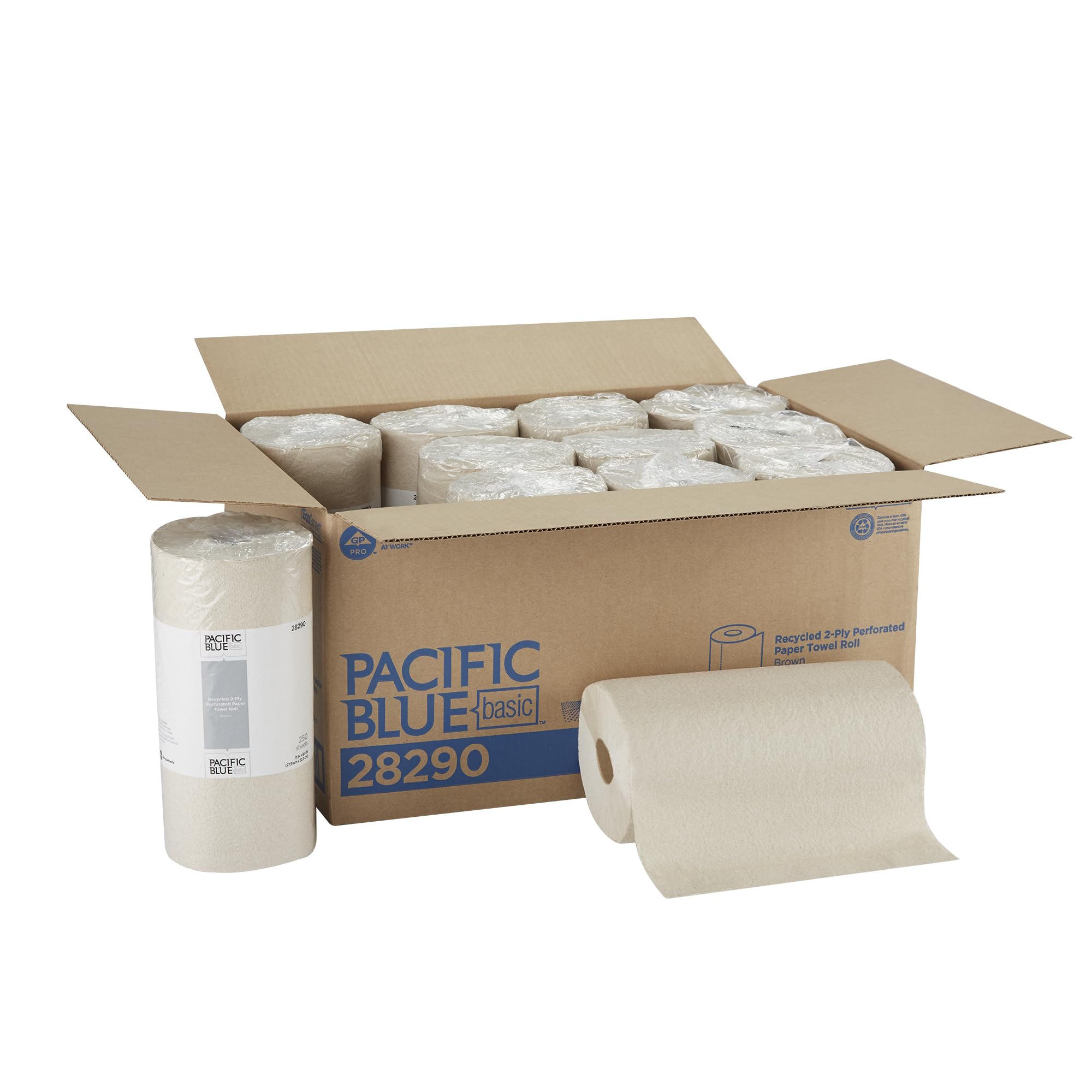 Pacific Blue Basic 2-Ply Recycled Perforated Paper Roll Towel By Gp Pro (Georgia-Pacific), Brown, 28290, 250 Sheets Per Roll, 12