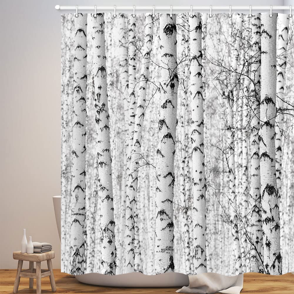 Wathon Birch Trees Shower Curtain Gray Tree Bathroom Decor Winter Birch Forest Bath Curtain Neutral Black And White Bath Set Rus