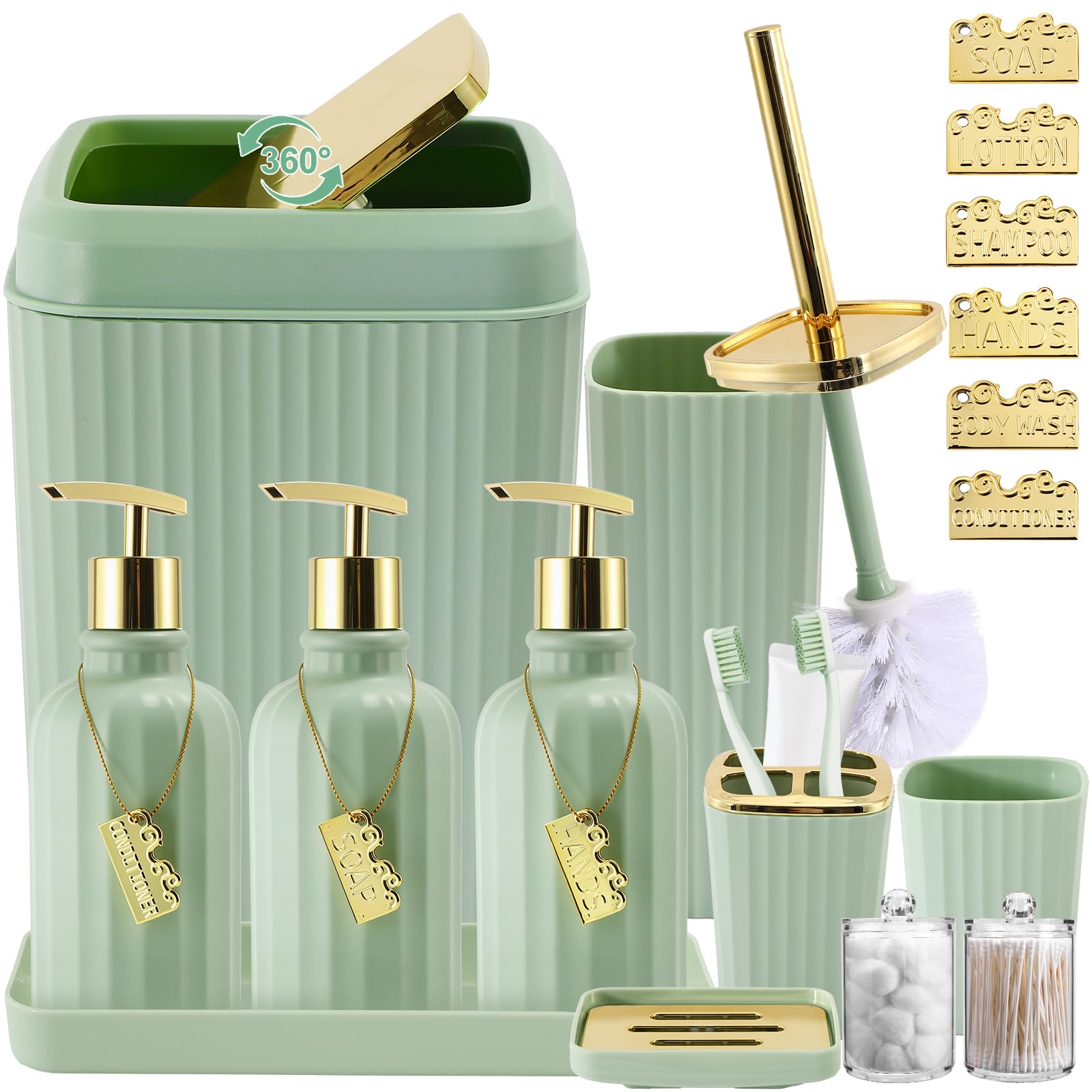 WSBArt 17PCS Bathroom Accessory Set Bathroom Set Green Bathroom Decor,Toilet Brush, Trash Can, Qtip Holder Dispenser& 3PCS Soap 