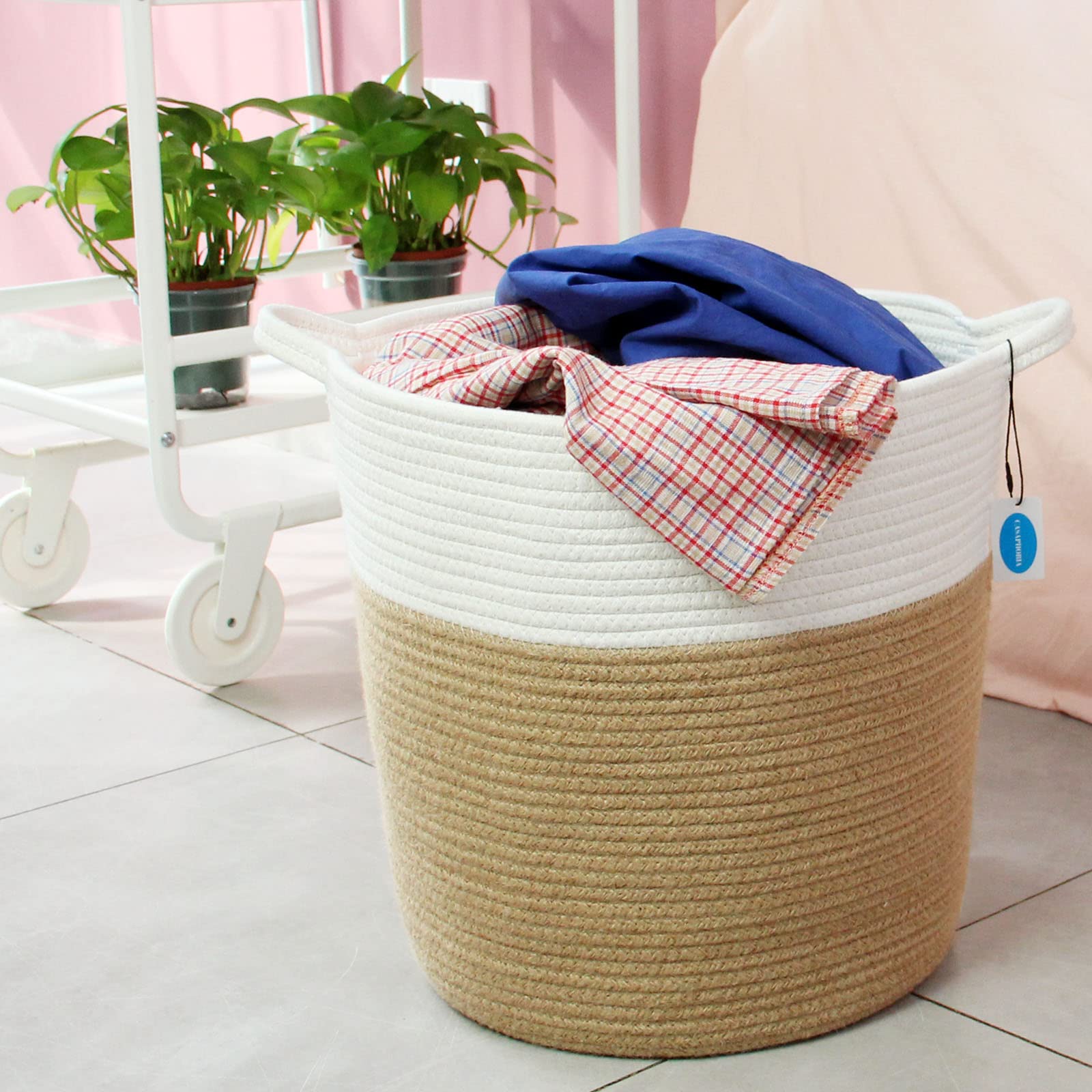 Casaphoria Natural Woven Cotton Rope Storage Basket Jute Laundry Basket for Bedroom  for Organizing Towels Blanket Basket for Bathroom Bicolor Round Blending Woven Hampe with Handles for Living Room