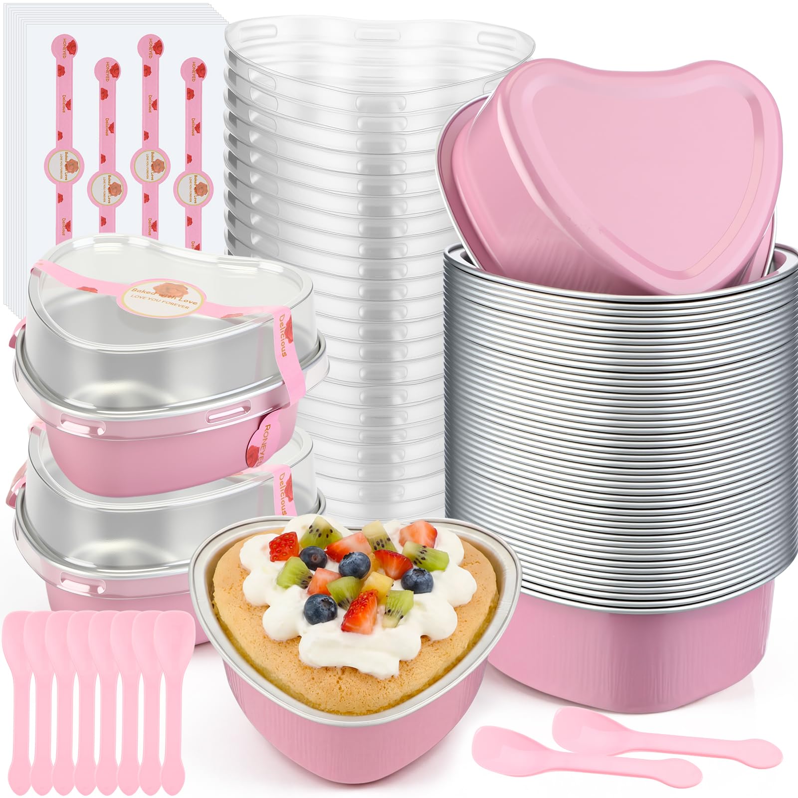 Acellegic 50 Sets 3.4 oz Mini Heart Shaped Cake Pans with Lids,Spoons and Sealing Stickers, Valentine Aluminum Foil Small Cupcak