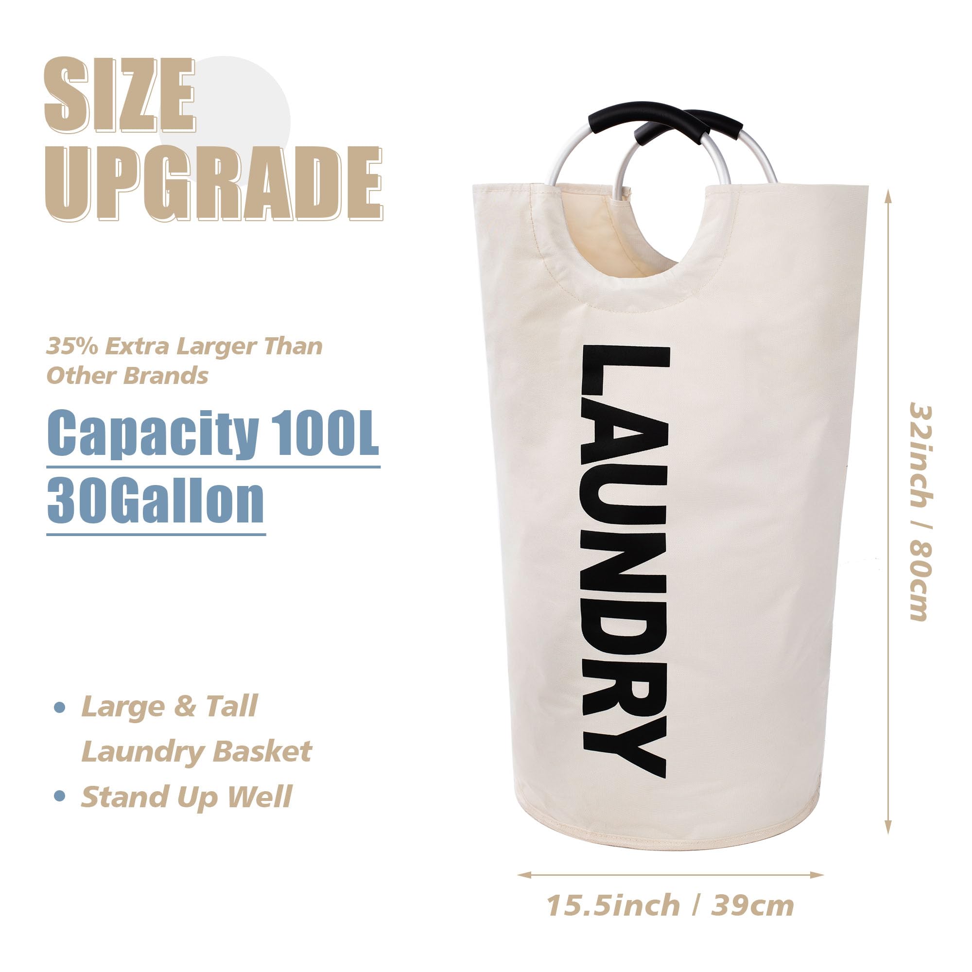 Twira 100L Large Laundry Basket, Laundry Hamper Stands Up Well, Laundry Bag With Padded Handles, Waterproof Clothes Bin Collapsi