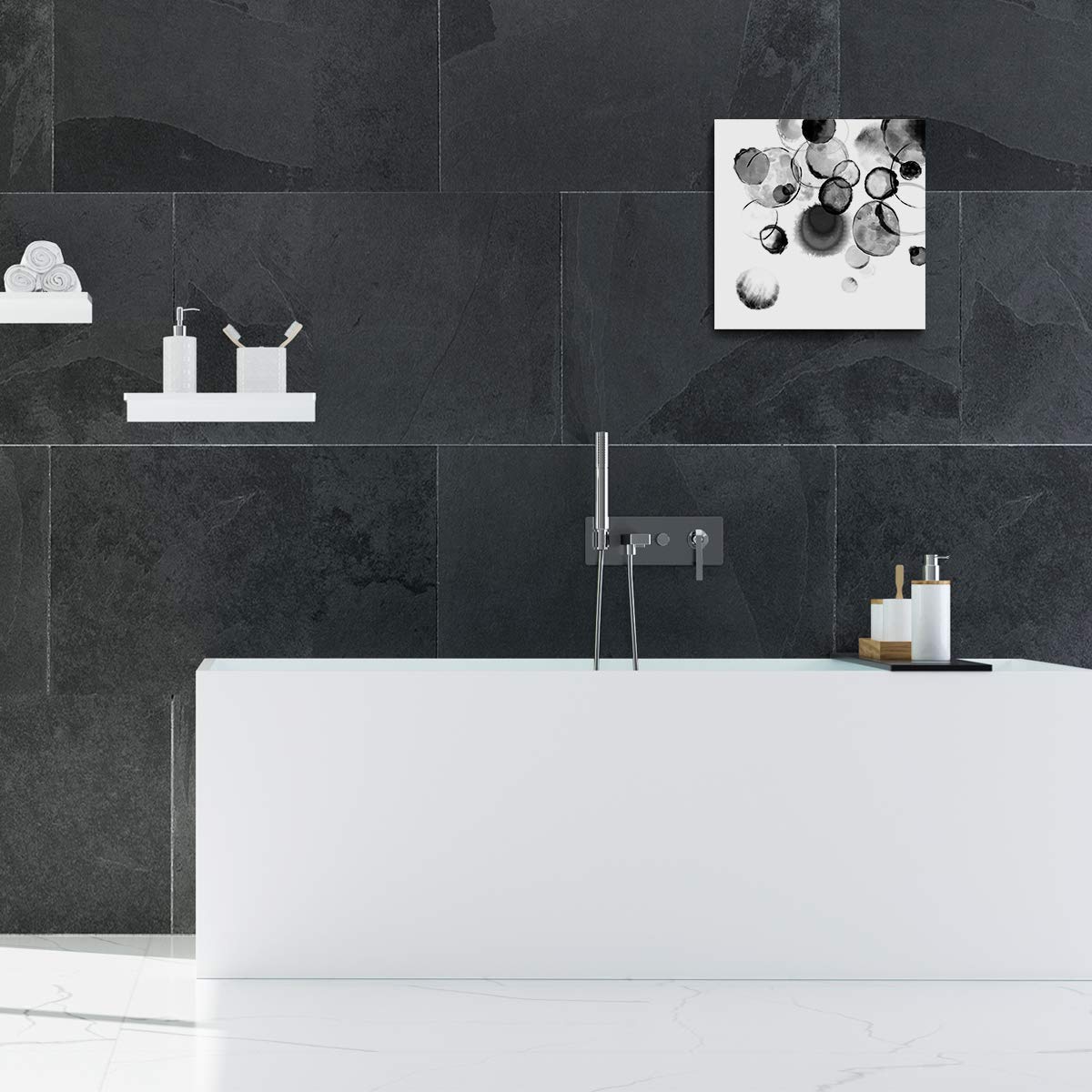 Bathroom Decor Wall Art Black And White Bubbles Prints Pictures Framed Canvas Artwork Wall Art For Bedroom Kitchen Office Modern