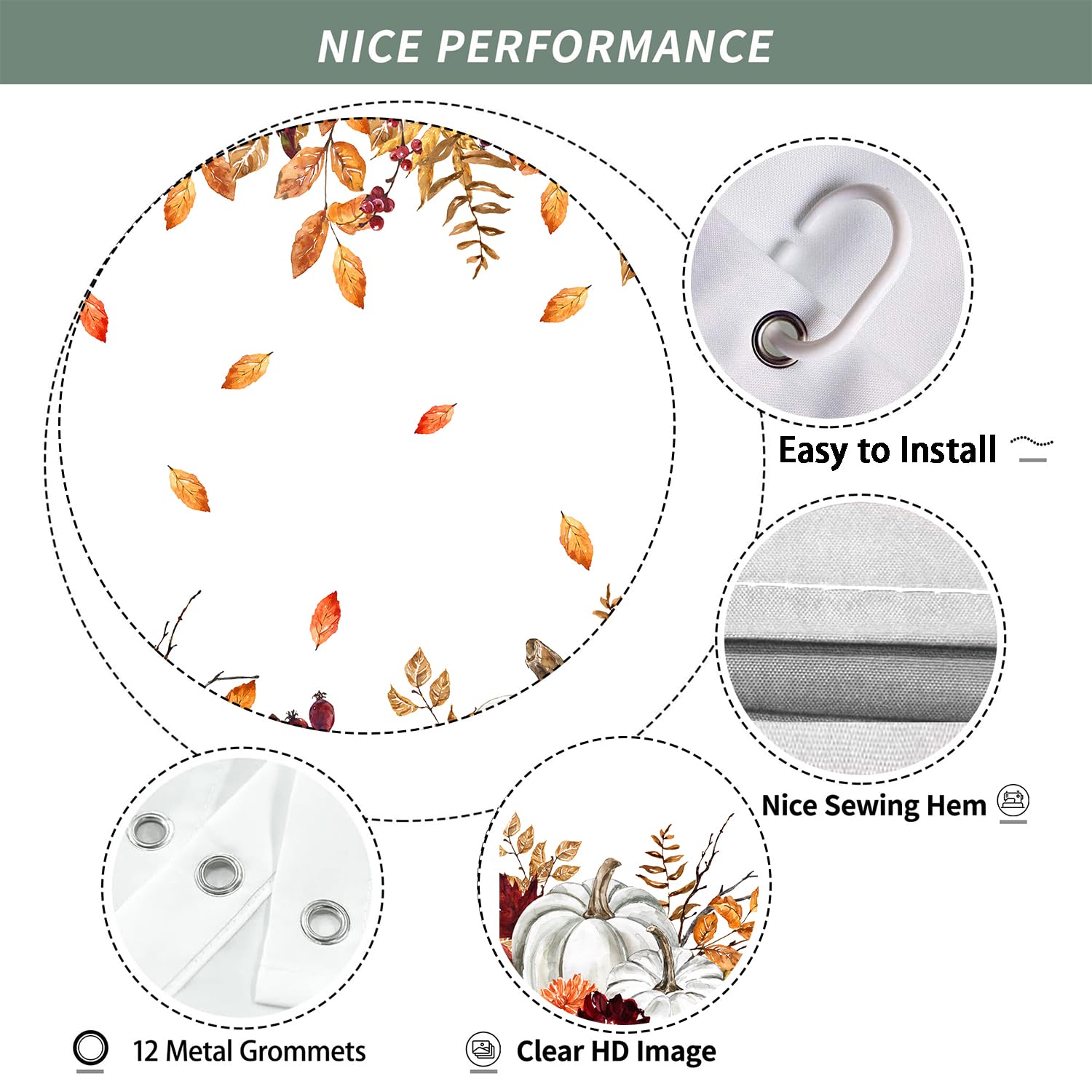 Itapnoom Fall Pumpkins Maple Leaf Shower Curtain, Autumn Leaves Harvest Thanksgiving Farmhouse Watercolor Seasonal Bathroom Curt
