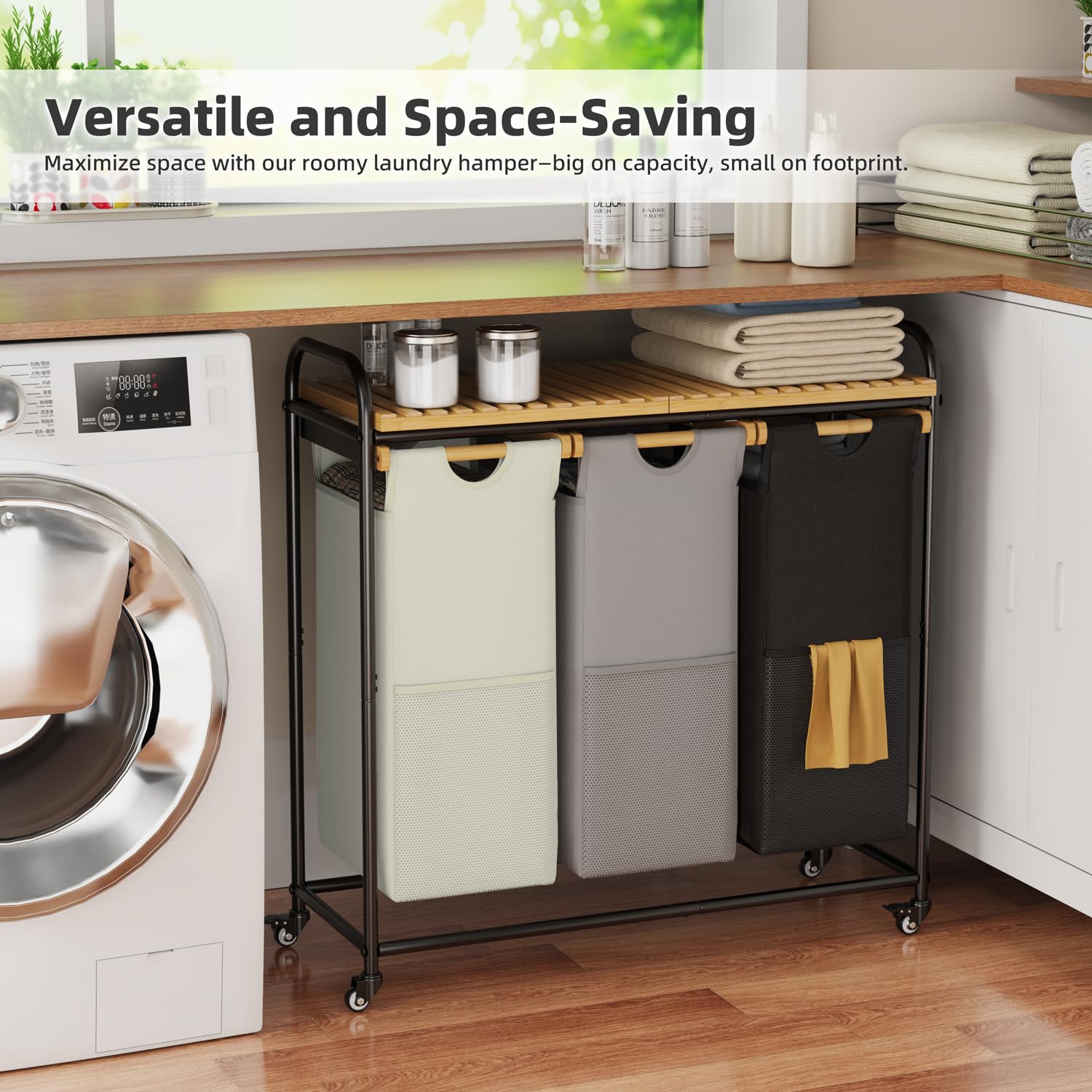 Laundry Hampers 3 Section, Laundry Sorter With Removable Shelf And Pull-Out Bags, Clothes Hampers With Wheels Rolling Cart Baske