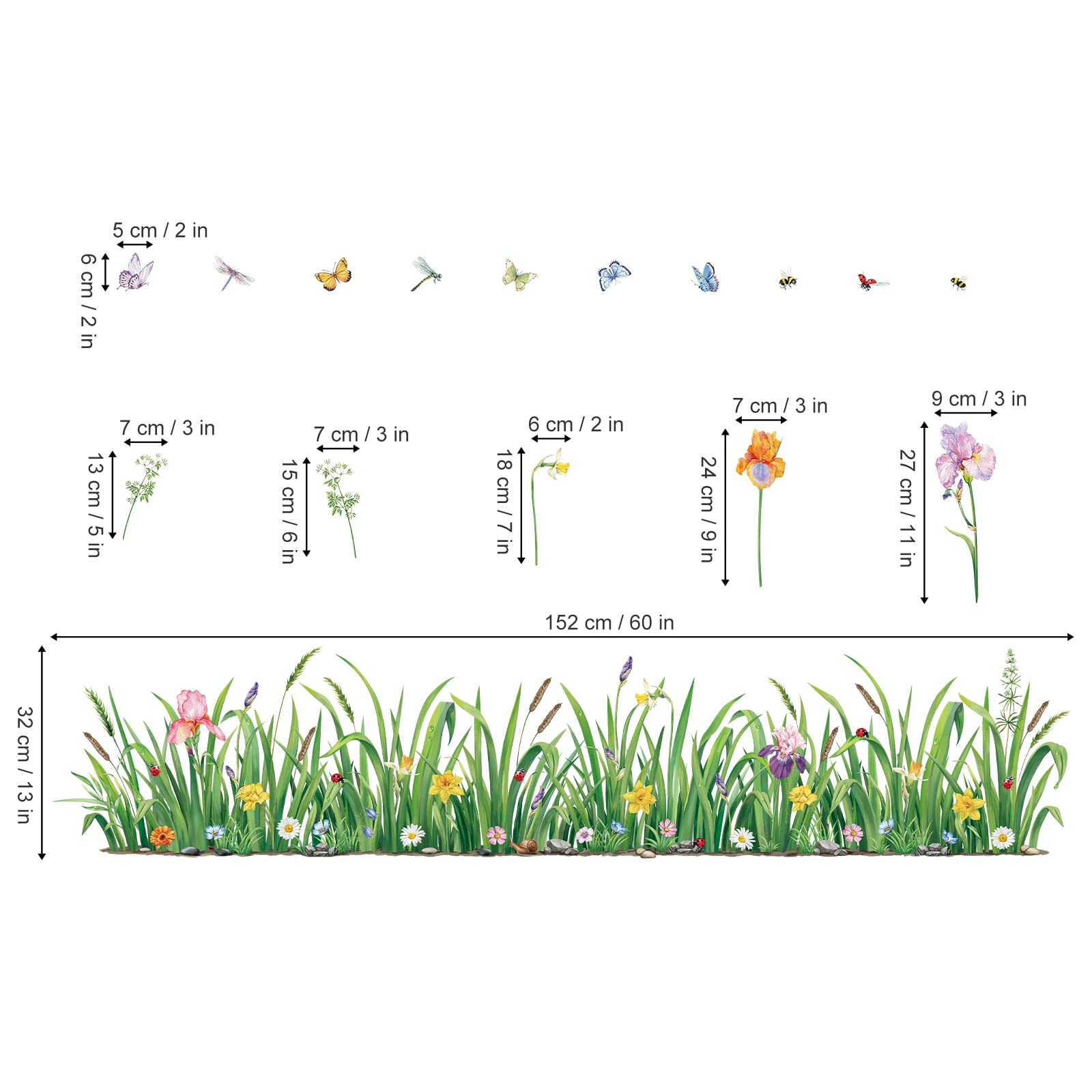 decalmile Green Grass Flower Wall Corner Decals Floral Butterfly Baseboard Skirting Line Wall Stickers Bedroom Living Room Wall Art Decor (Width:162CM)
