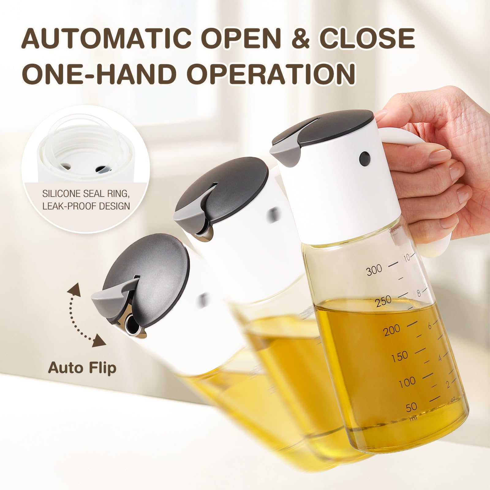 Vucchini Olive Oil Dispenser Bottle Auto Flip Vinegar Dispenser For Kitchen With No-Drip Bottle Spout Pourer(10 Oz,White Color)