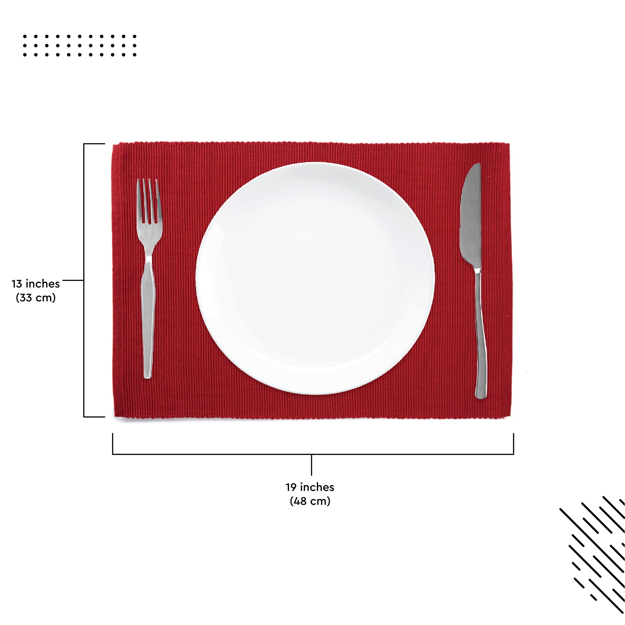 Encasa Xo Dining Placemat Set Of 6 | Solid Red Color | Fine Ribbed Cotton Table Mat | Size 19X13 In | Machine Washable
