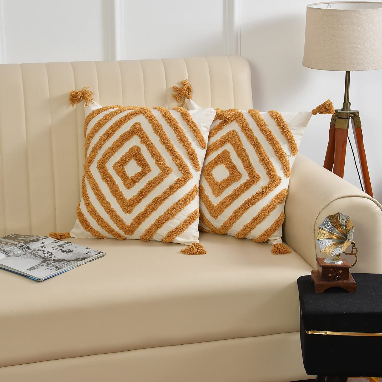 Wisdom Decor Sofa Cushion Cover Cotton For Living Room Couch Soft Pillow Cover (16 X 16, Yellow Diamond) Pack Of 2, 200 Tc
