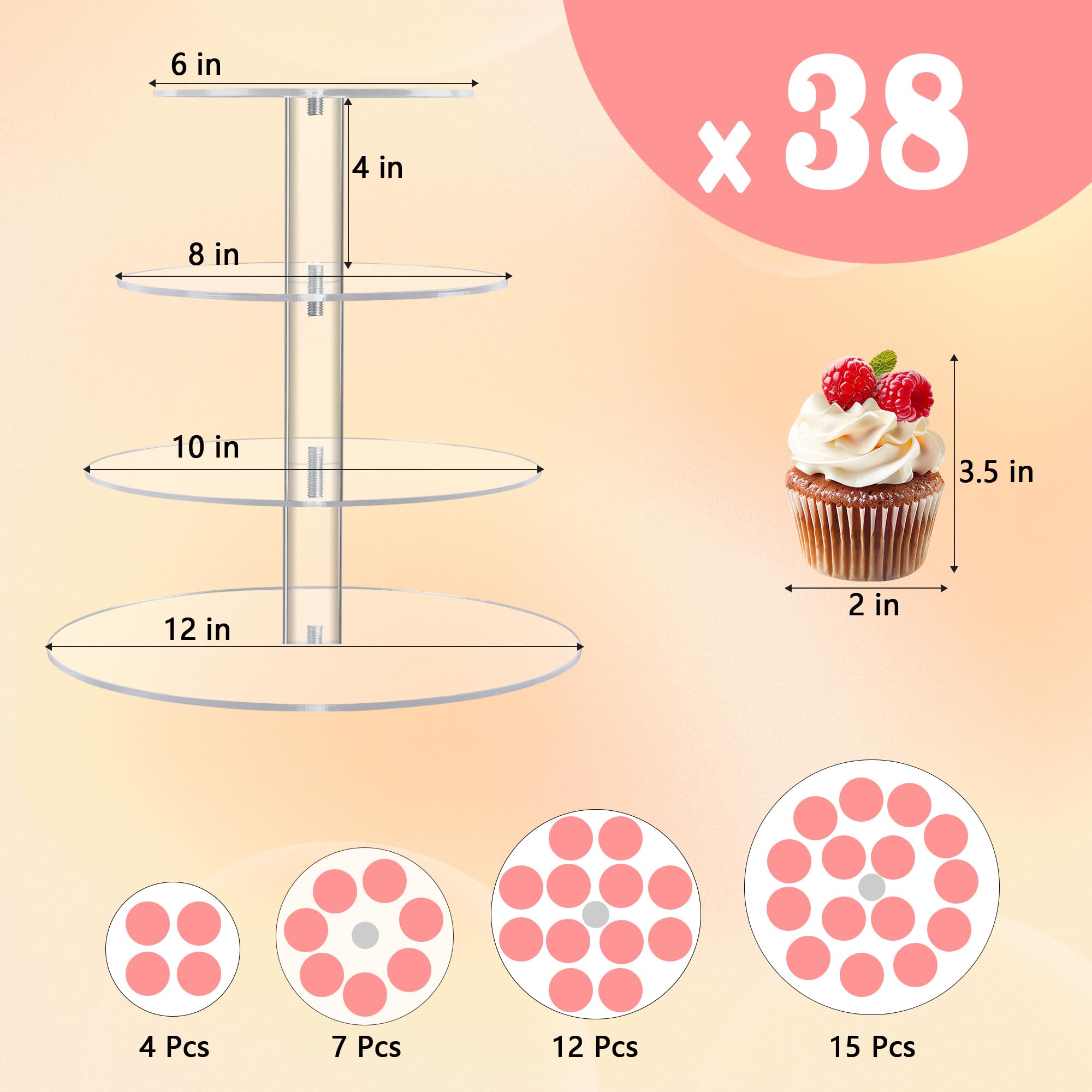Yestbuy 4 Tier Round Acrylic Cupcake Stand With Base, Premium Cupcake Holder, Acrylic Cupcake Tower Display Cady Bar Party D  Co