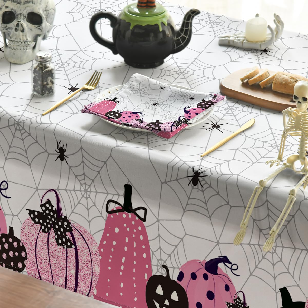 Horaldaily Halloween Tablecloth 60  120 Inch Rectangular, Jack-O-Lantern Pumpkin Cobweb Scary Themed Pink Washable Table Cover F